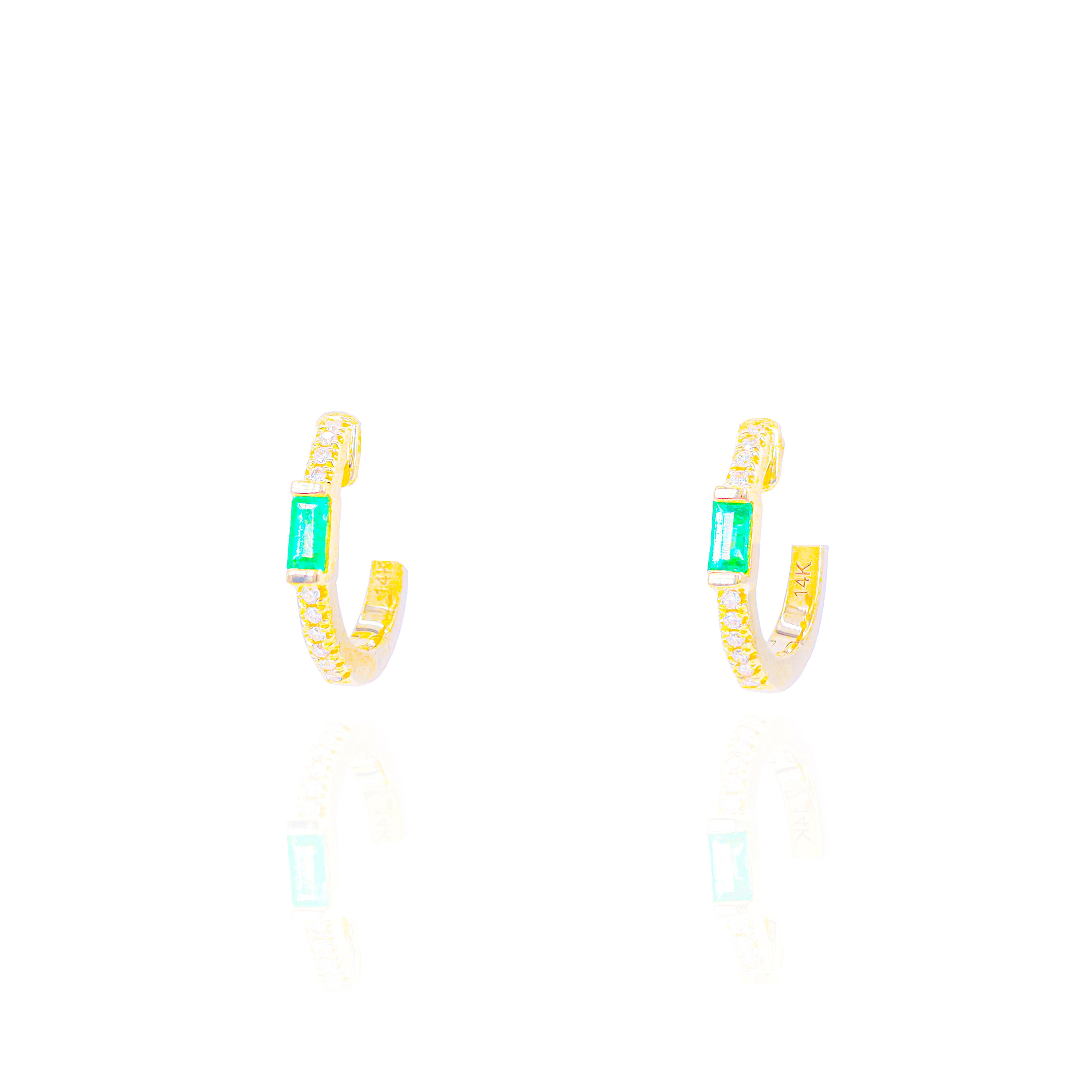 Diamond Hoops w/ Green Emerald Gemstone Center