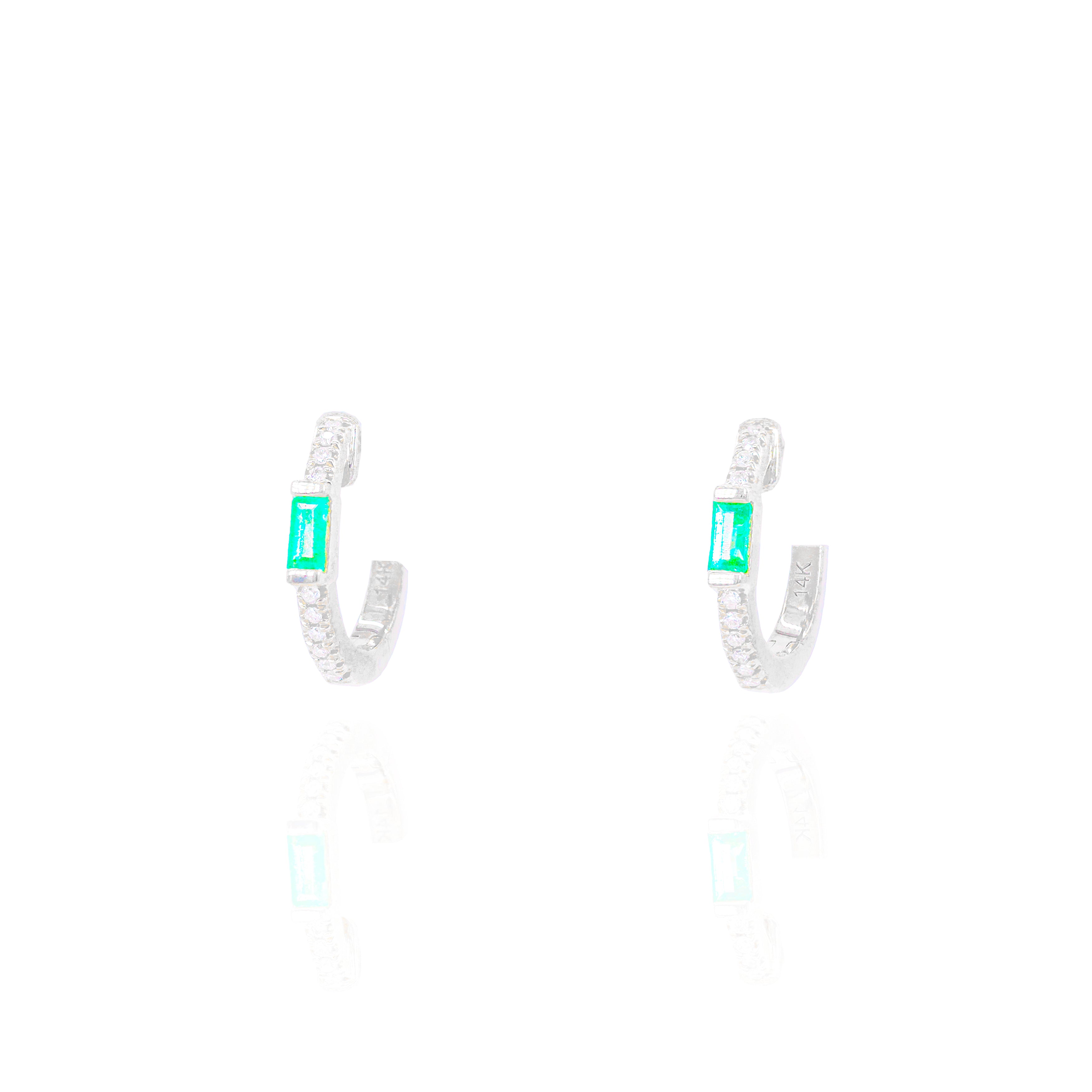 Diamond Hoops w/ Green Emerald Gemstone Center