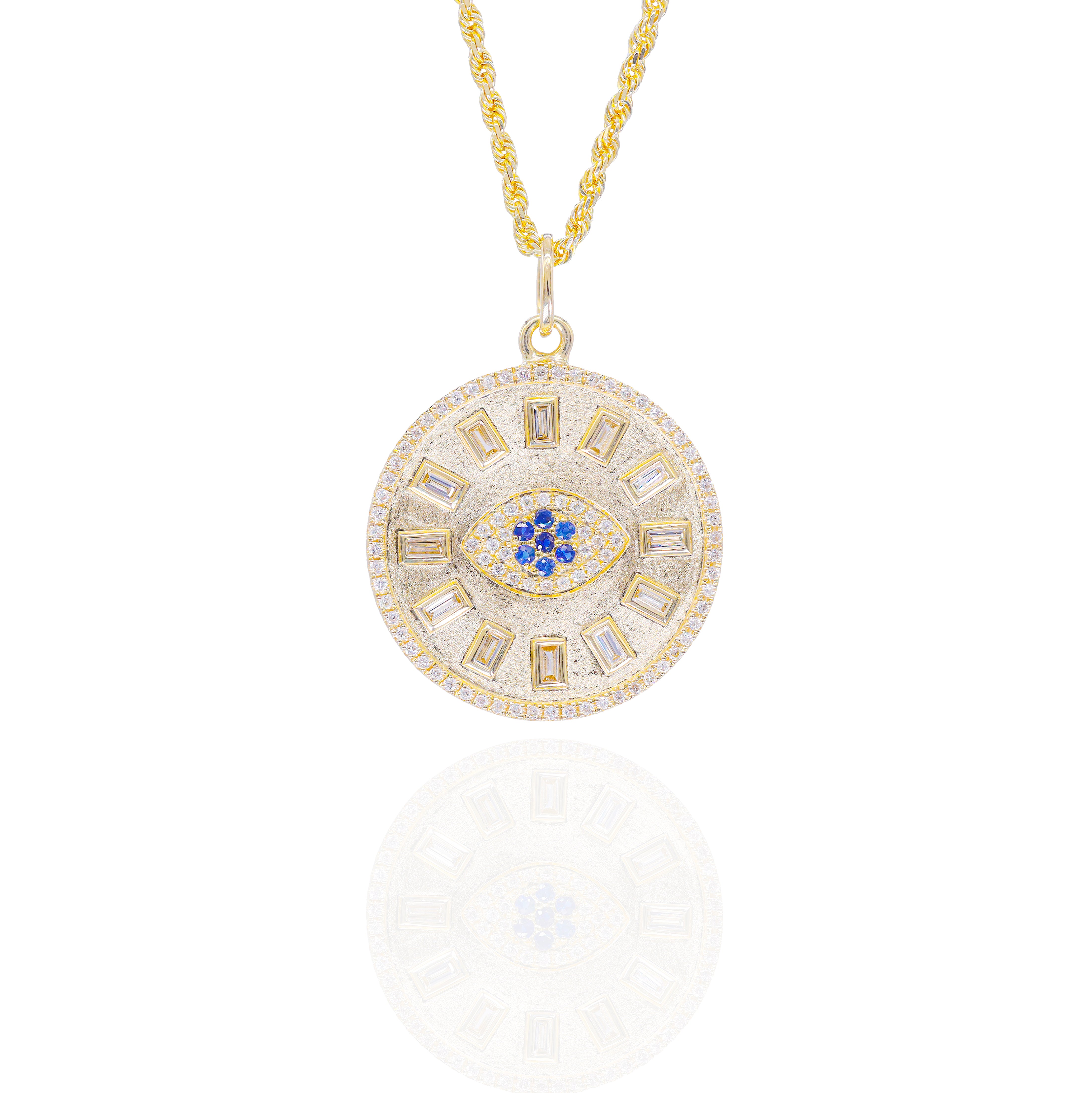 Evil Eye Medallion Diamond Pendant w/ Blue Sapphire Center