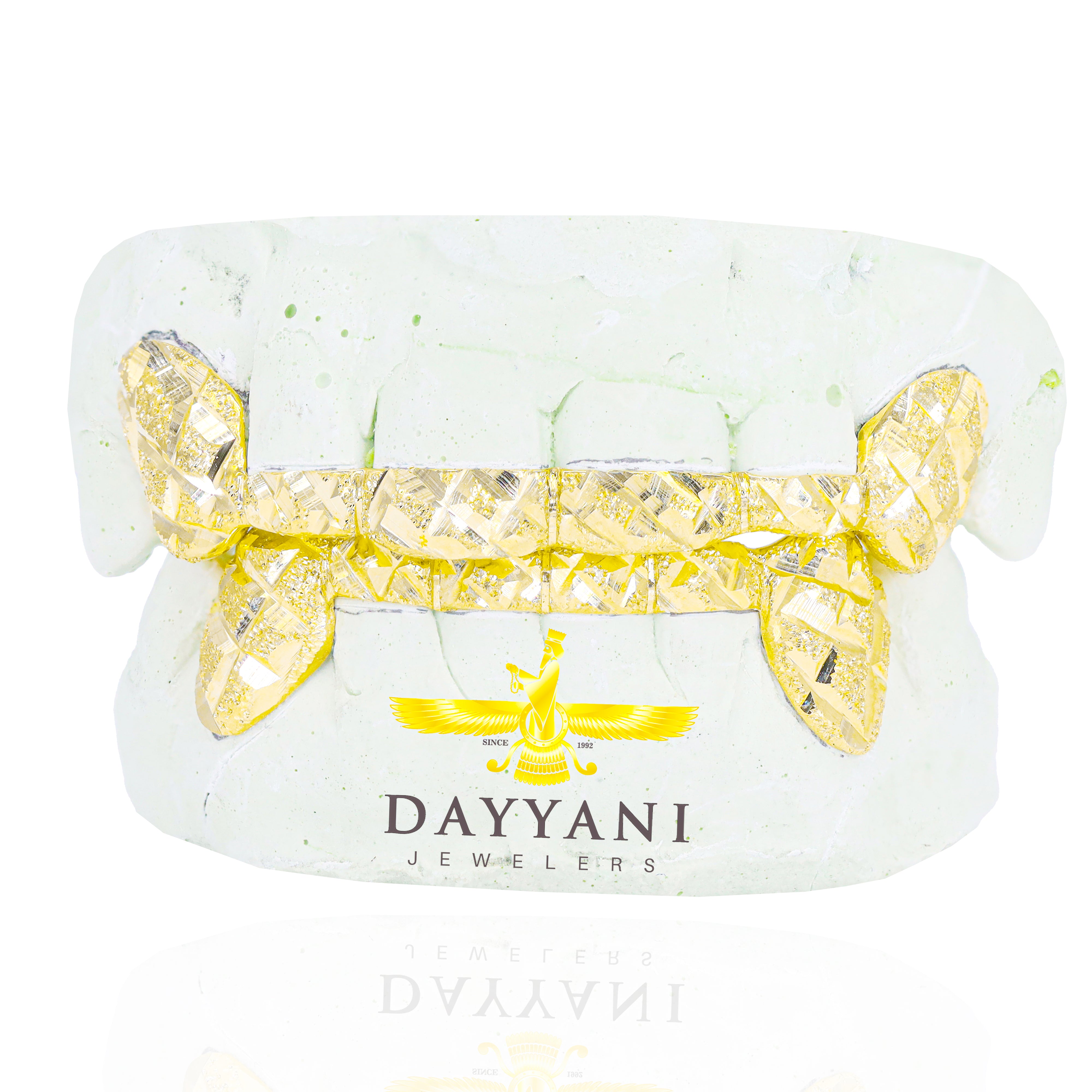 Custom 2 Teeth Diamond Cut and Diamond Dust Grillz with Front and Back Bar Gold Grillz (Copy)