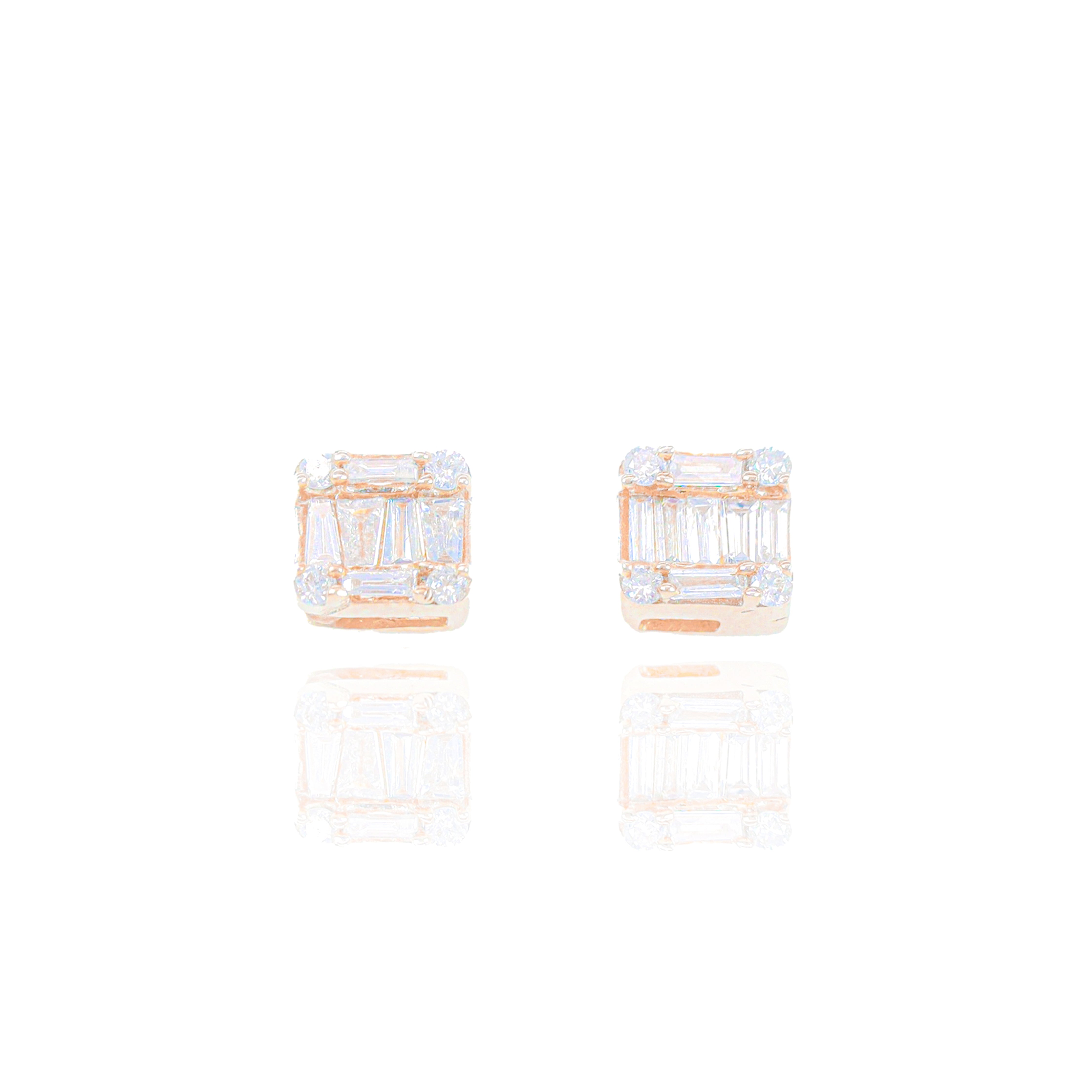 Small Baguette and Round Diamond Square Earrings