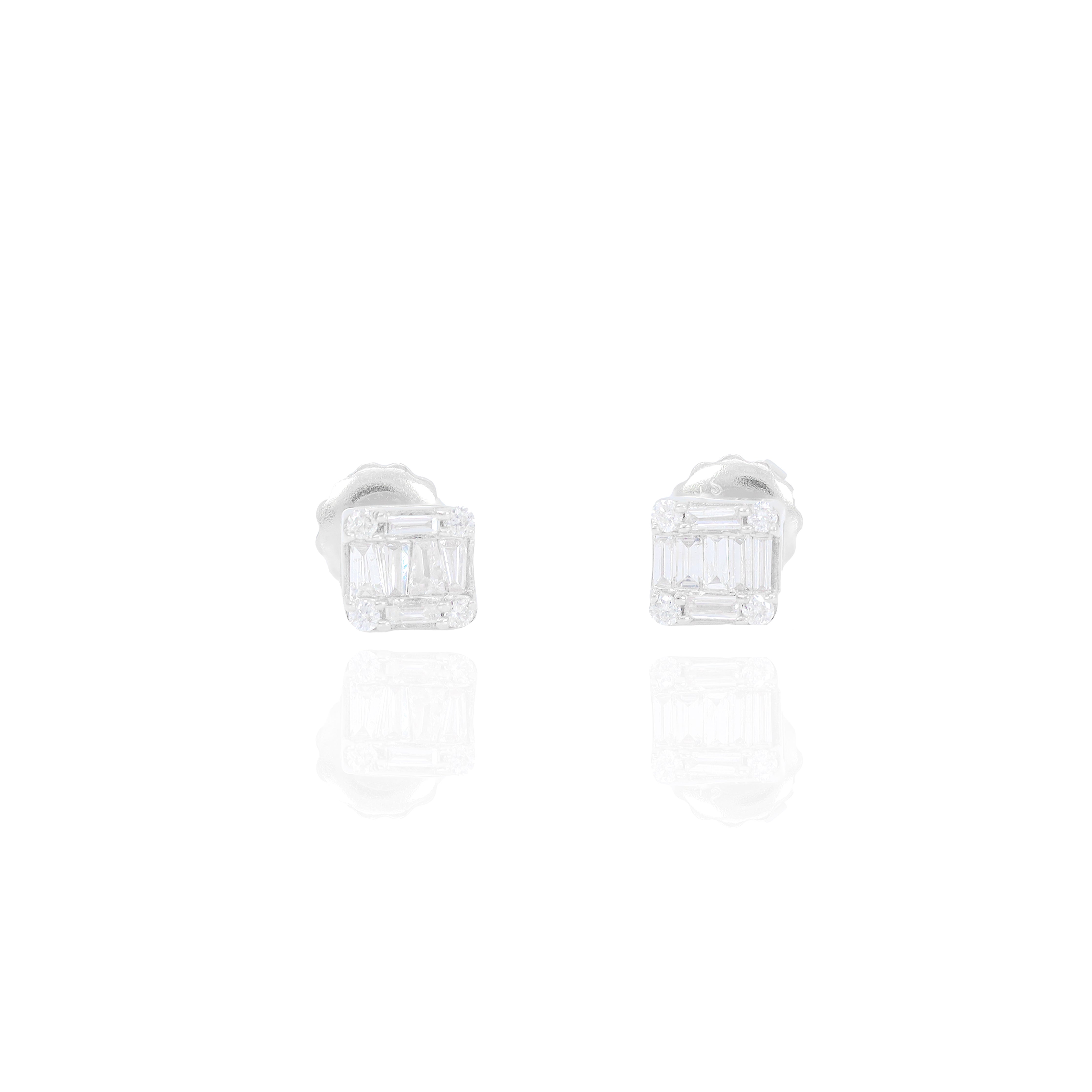 Small Baguette and Round Diamond Square Earrings