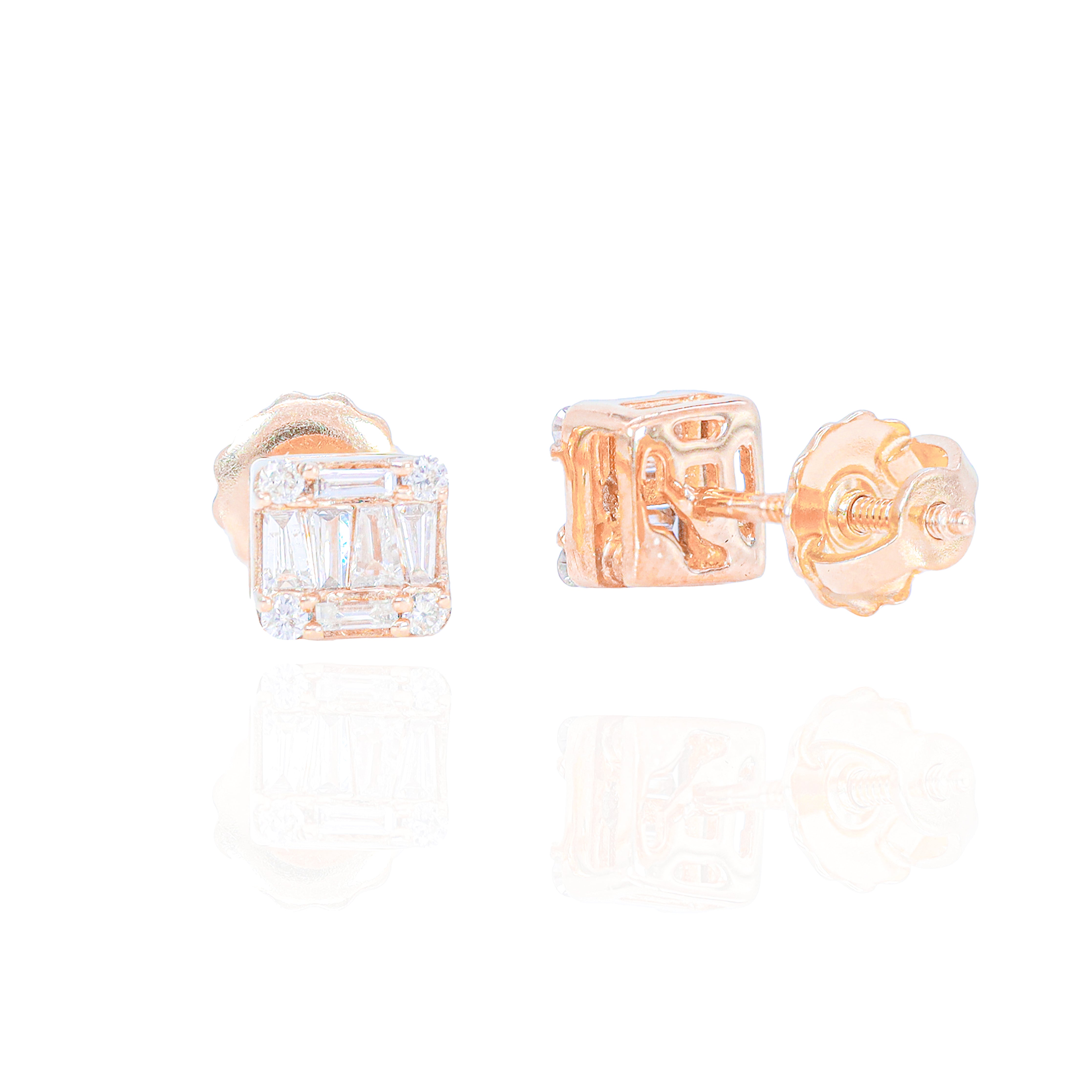 Small Baguette and Round Diamond Square Earrings