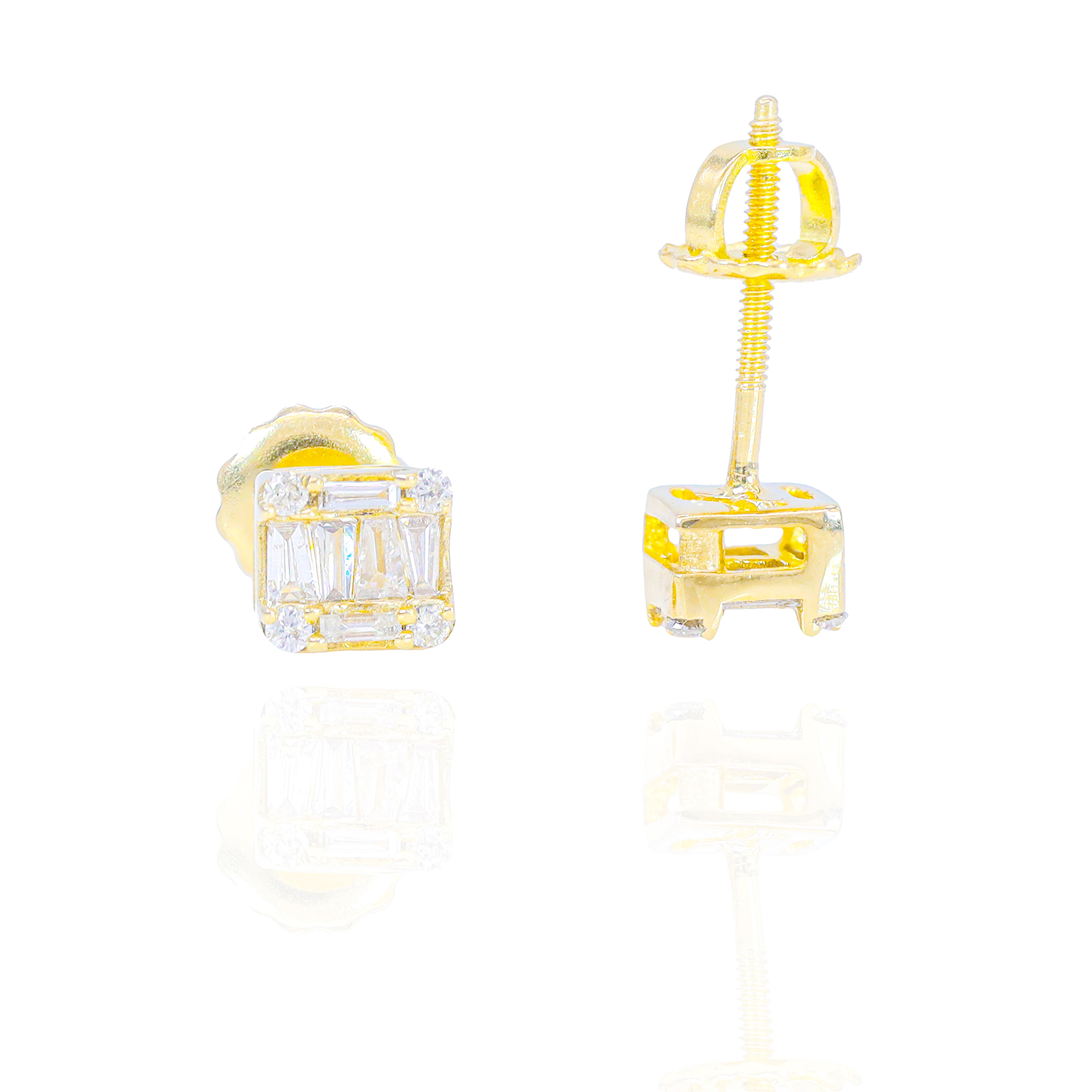 Small Baguette and Round Diamond Square Earrings