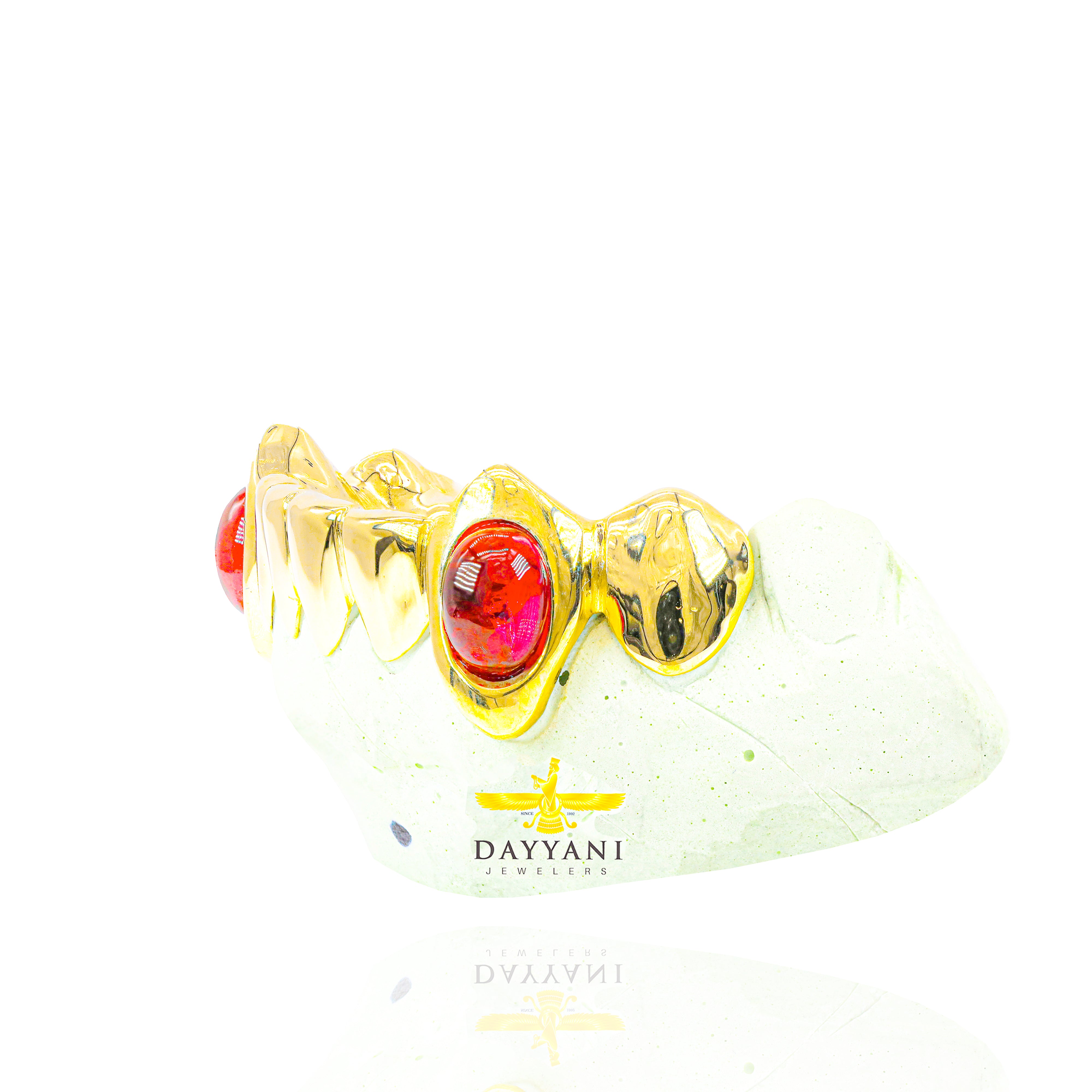 Custom Solid Gold Red Gem Extended Fangs Gold Grillz