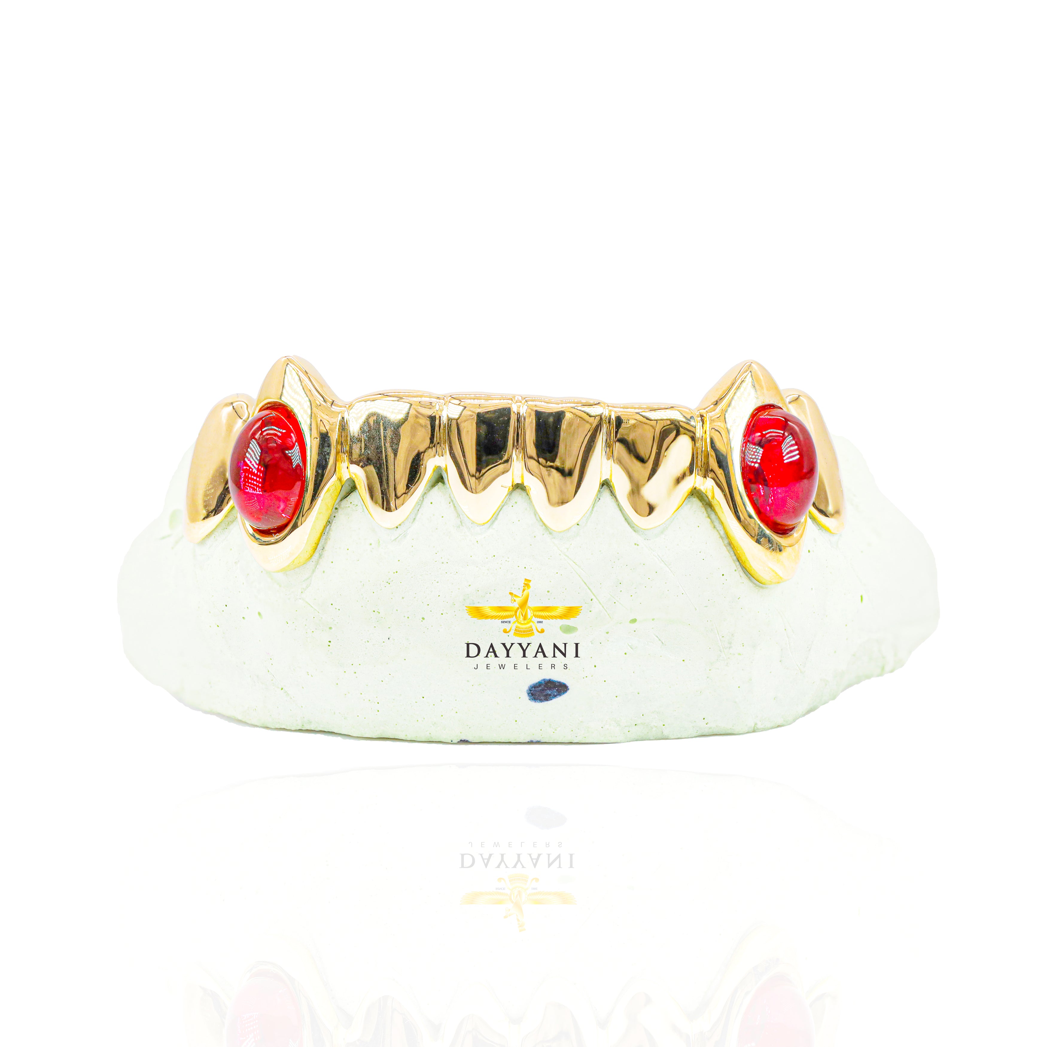 Custom Solid Gold Red Opal Extended Fangs Gold Grillz
