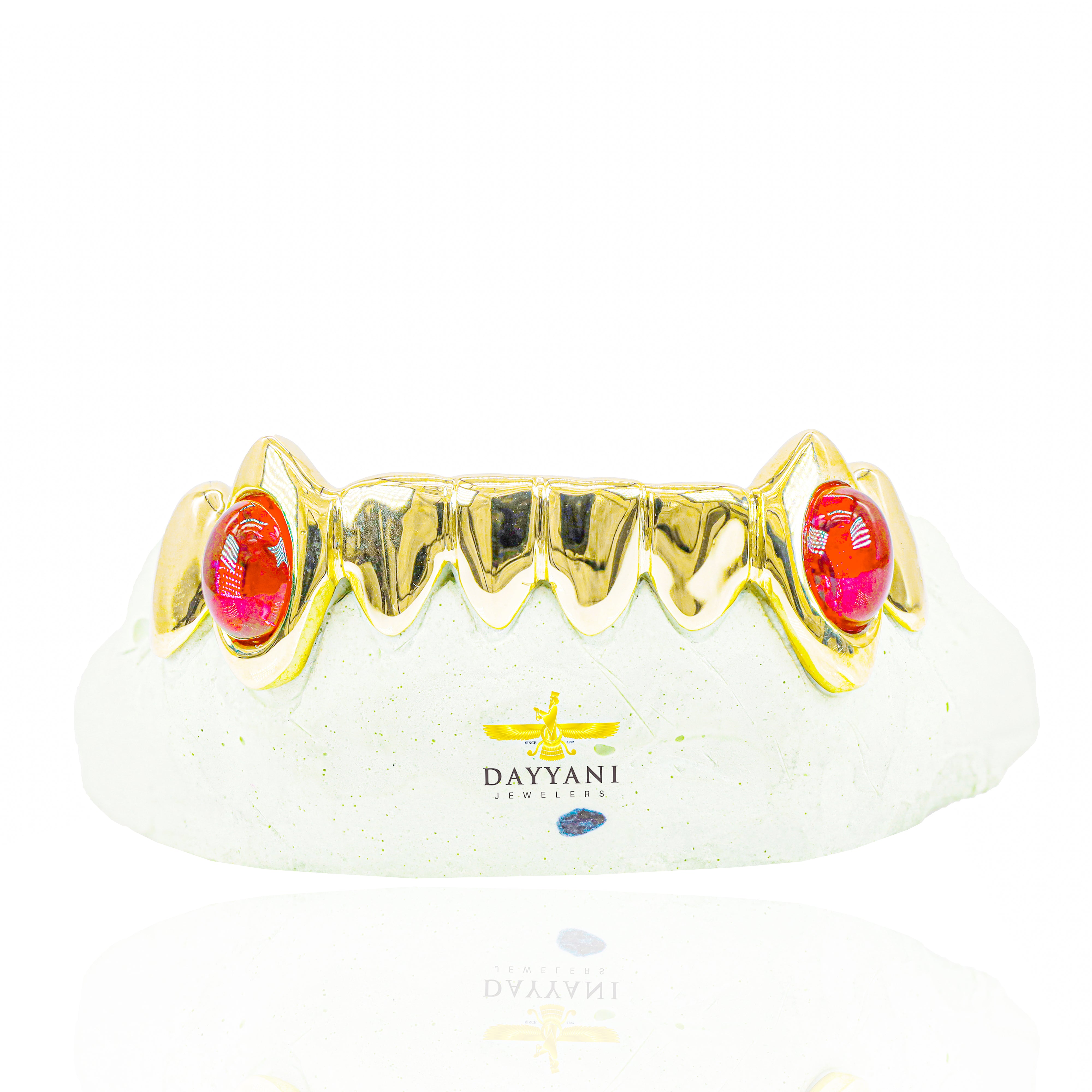 Custom Solid Gold Red Gem Extended Fangs Gold Grillz