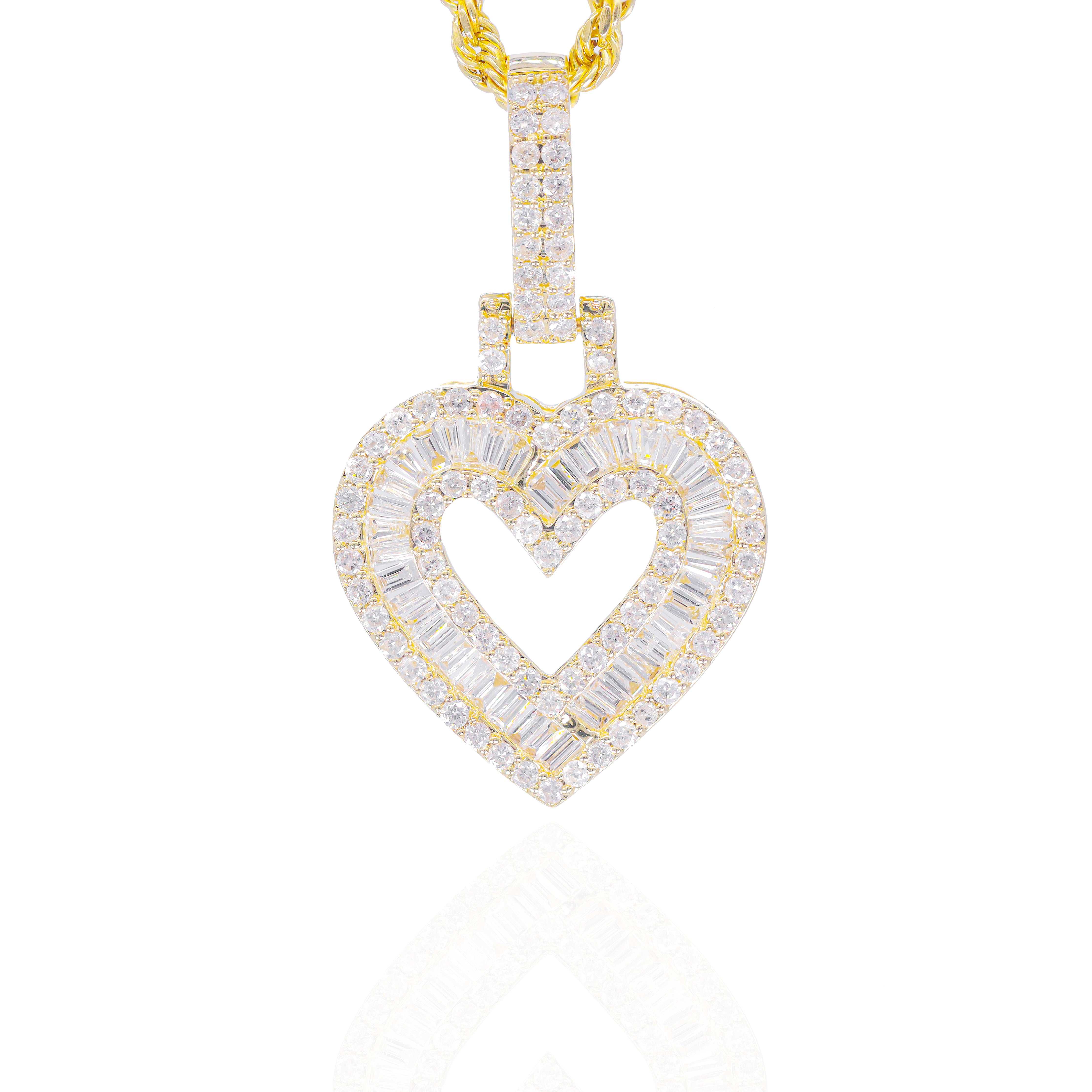 Baguette & Round Diamond Heart Outline Pendant