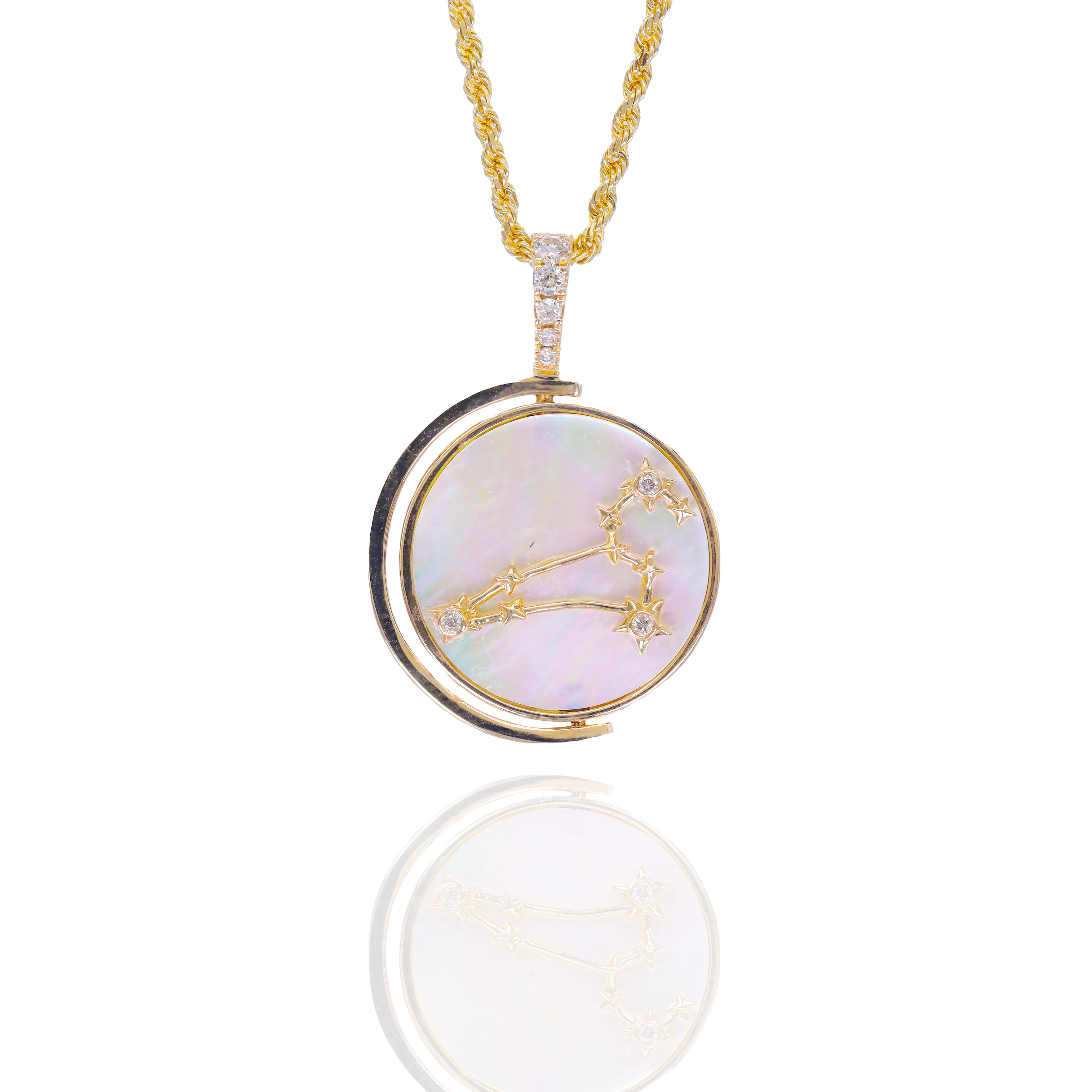 Double Sided Leo Zodiac Sign Medallion Diamond Pendant w/ Mother of Pearl