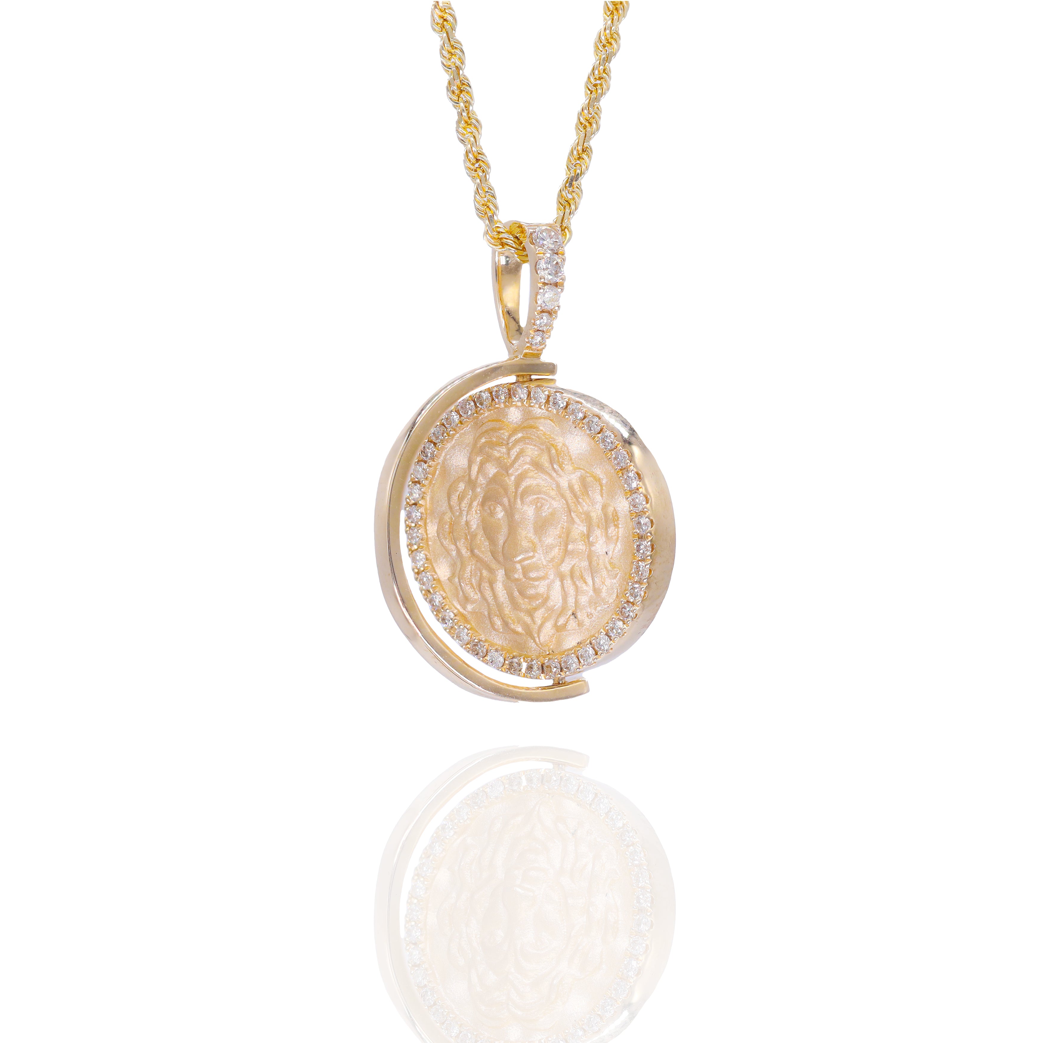 Double Sided Leo Zodiac Sign Medallion Diamond Pendant w/ Mother of Pearl