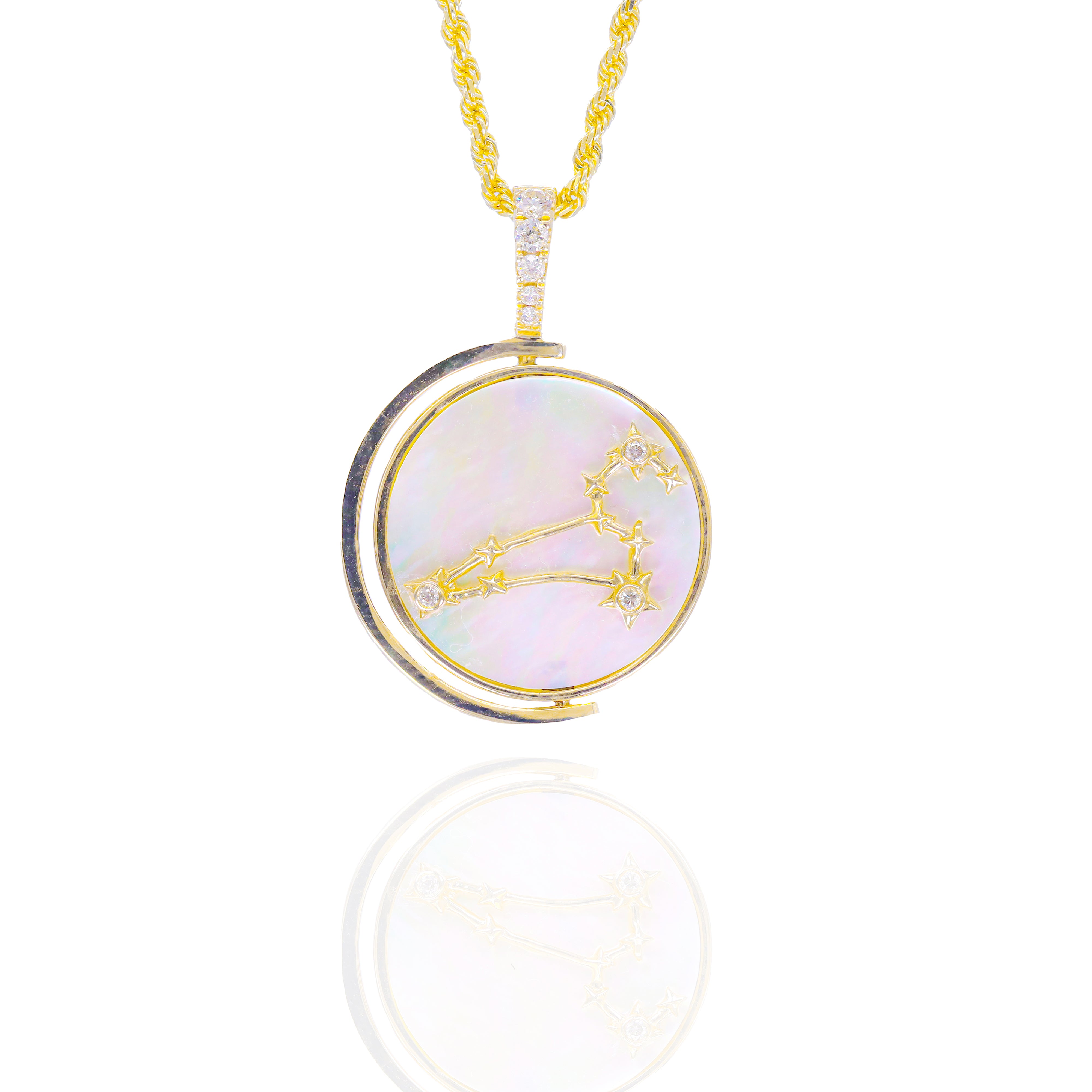 Double Sided Leo Zodiac Sign Medallion Diamond Pendant w/ Mother of Pearl