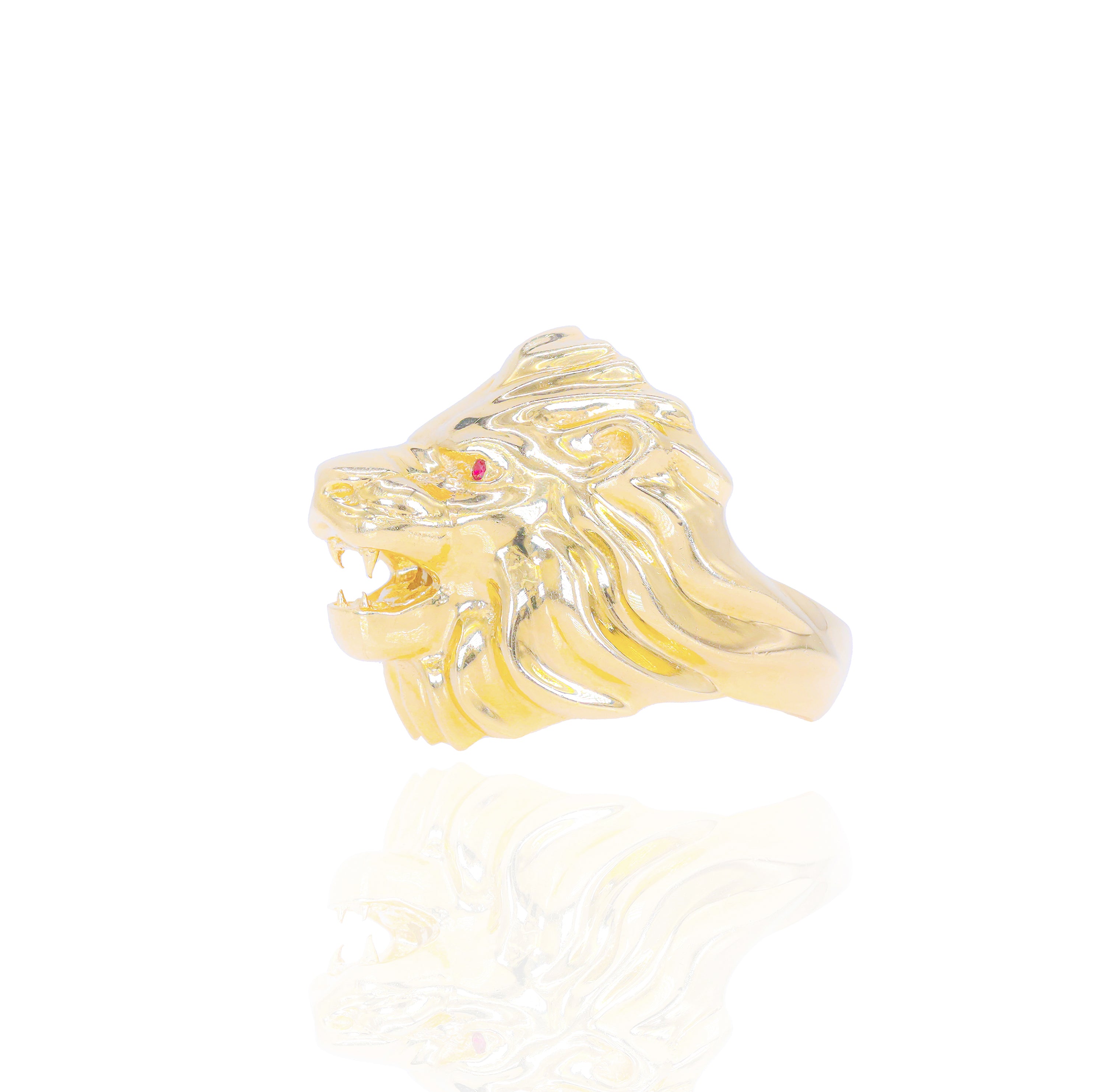 Lion Head Solid Gold Ring w/ Red Rubies Eyes