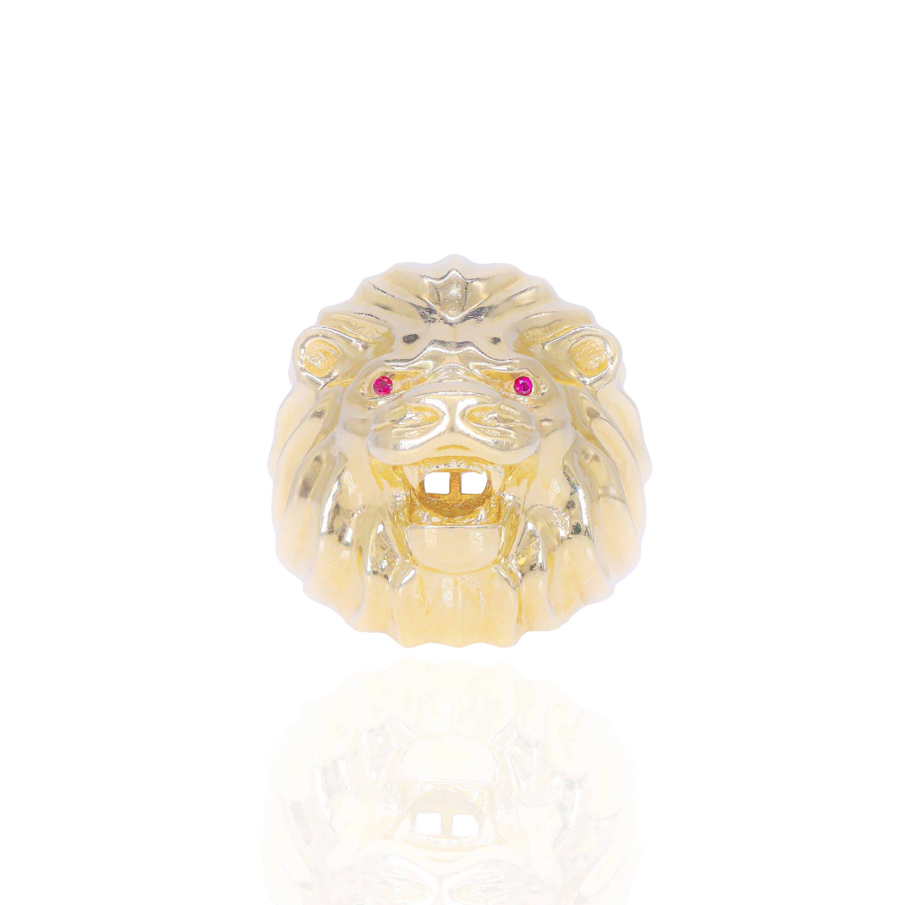 Lion Head Solid Gold Ring w/ Red Rubies Eyes