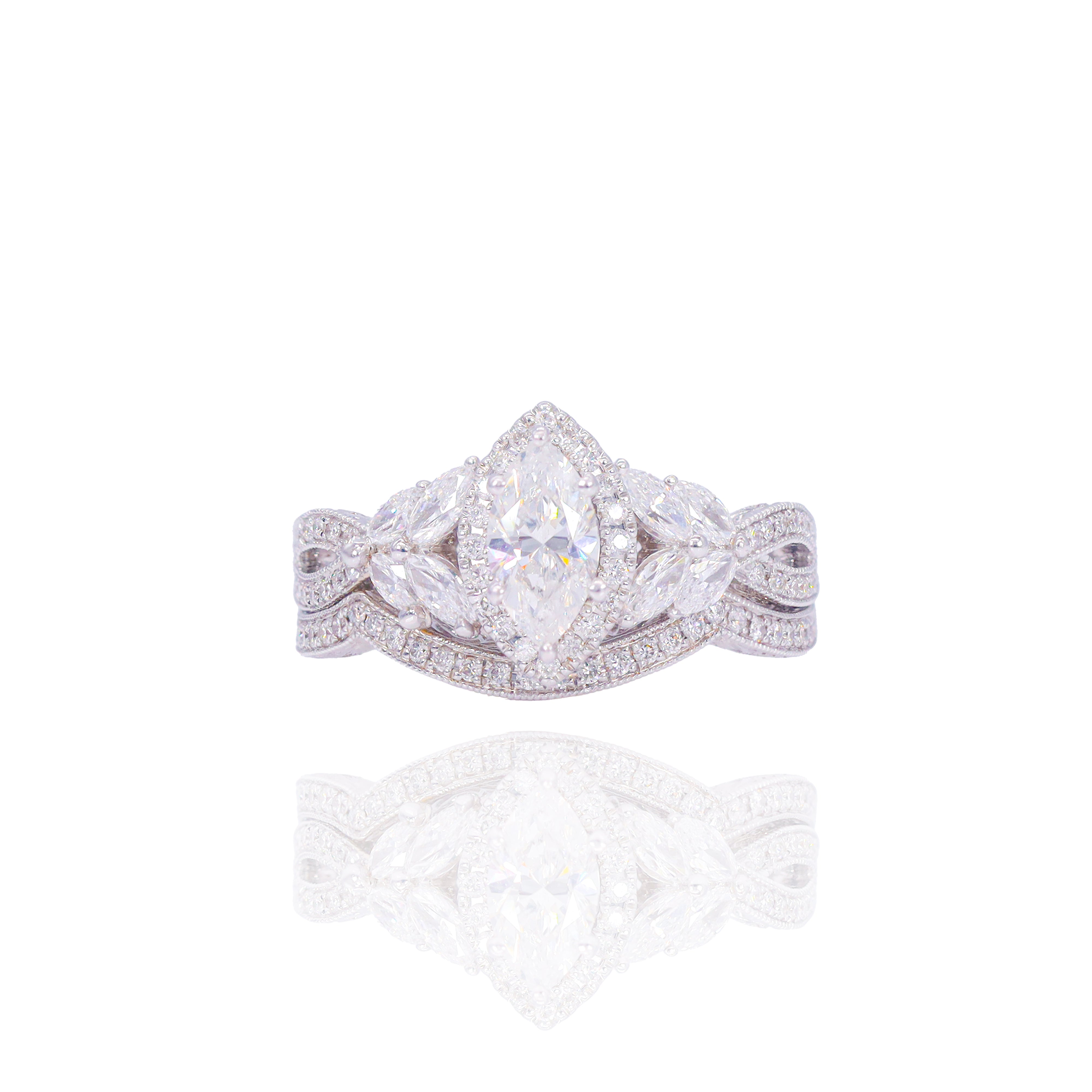 1/2 Carat Center Marquise with Special Engraved Diamond Engagement Ring