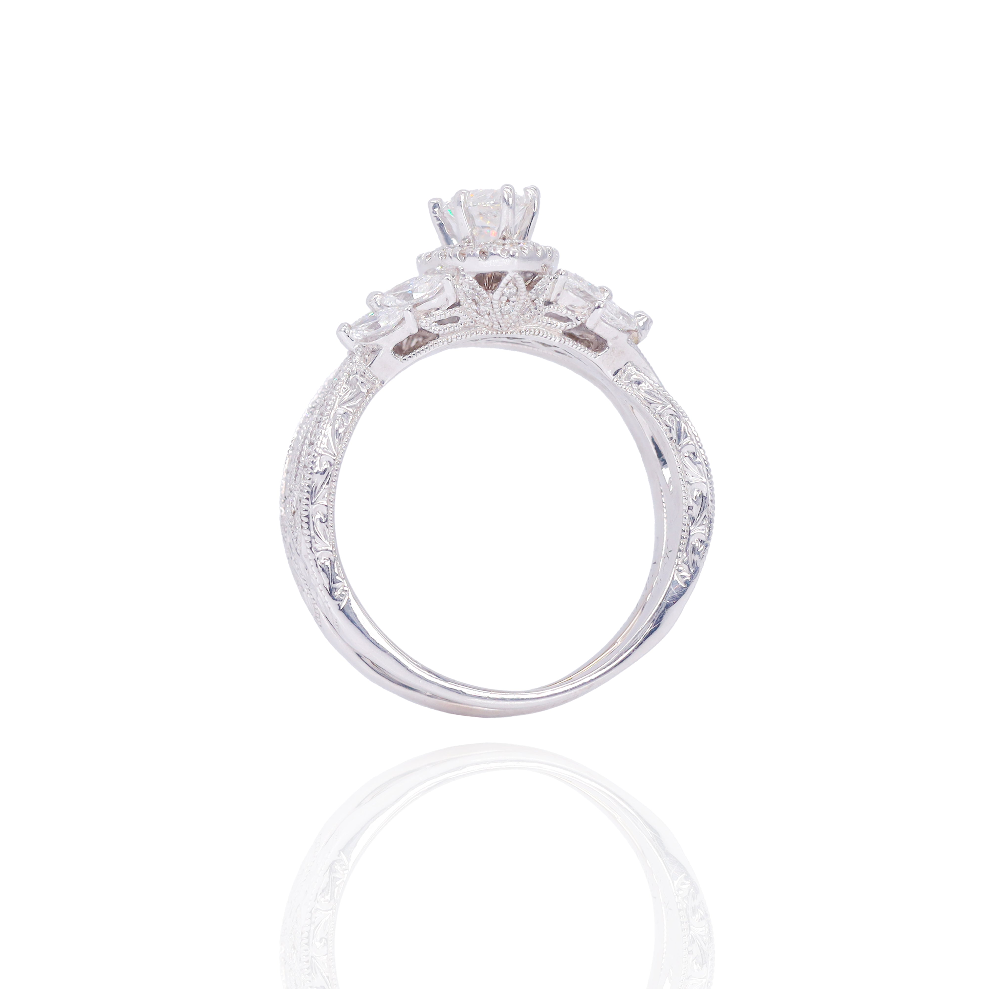 1/2 Carat Center Marquise with Special Engraved Diamond Engagement Ring