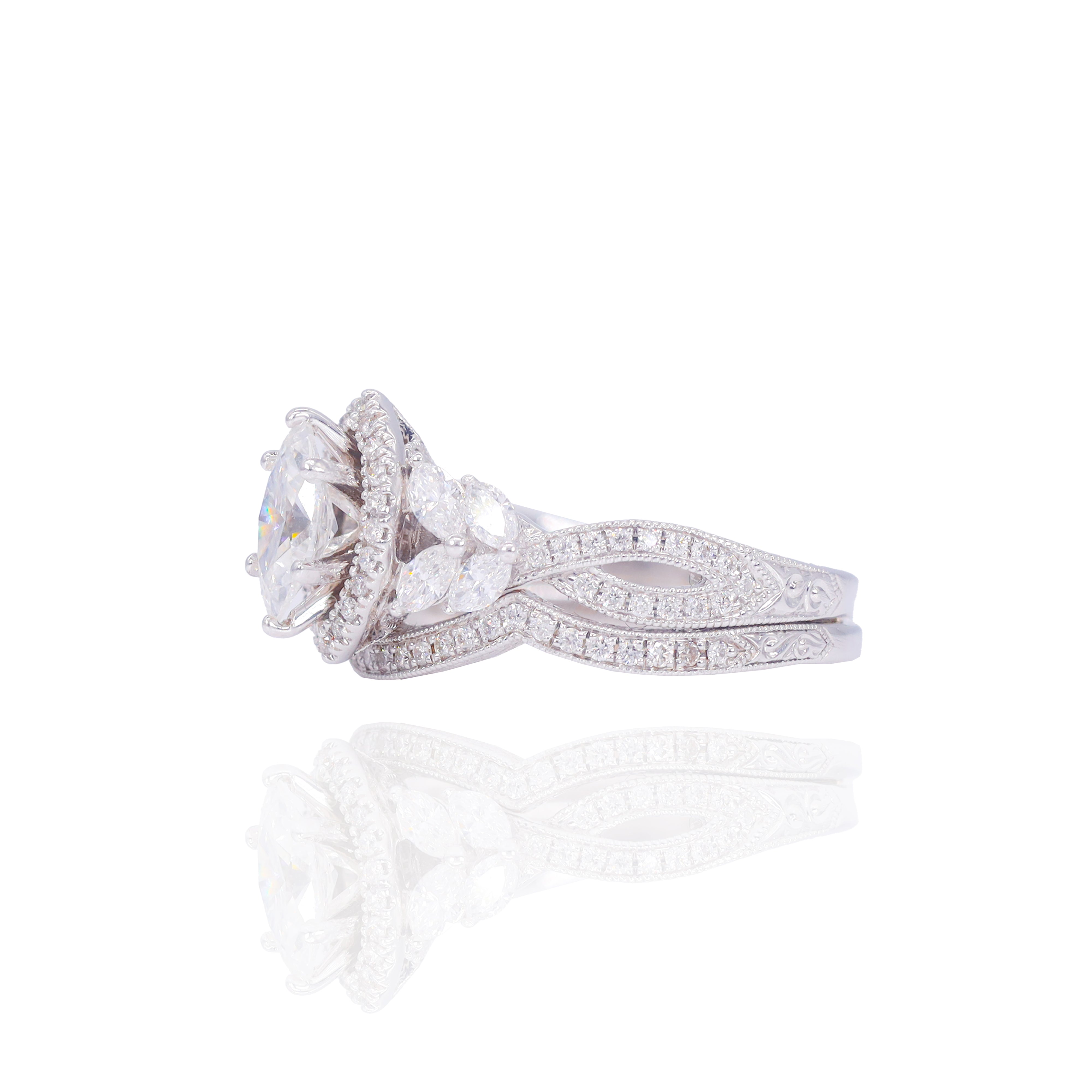 1/2 Carat Center Marquise with Special Engraved Diamond Engagement Ring