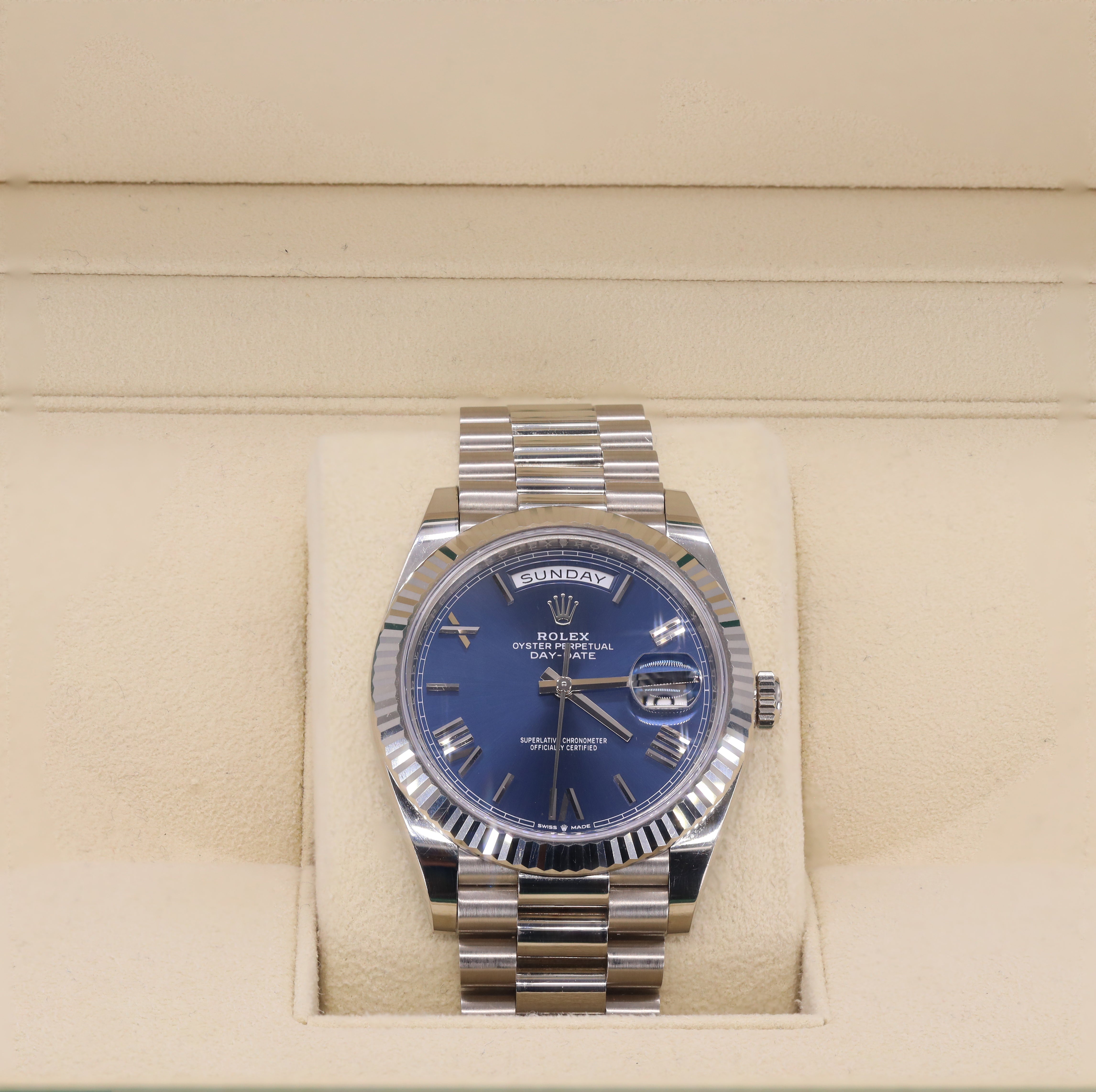 Rolex 228239 Day-Date 40mm White Gold Bright Blue Roman Dial