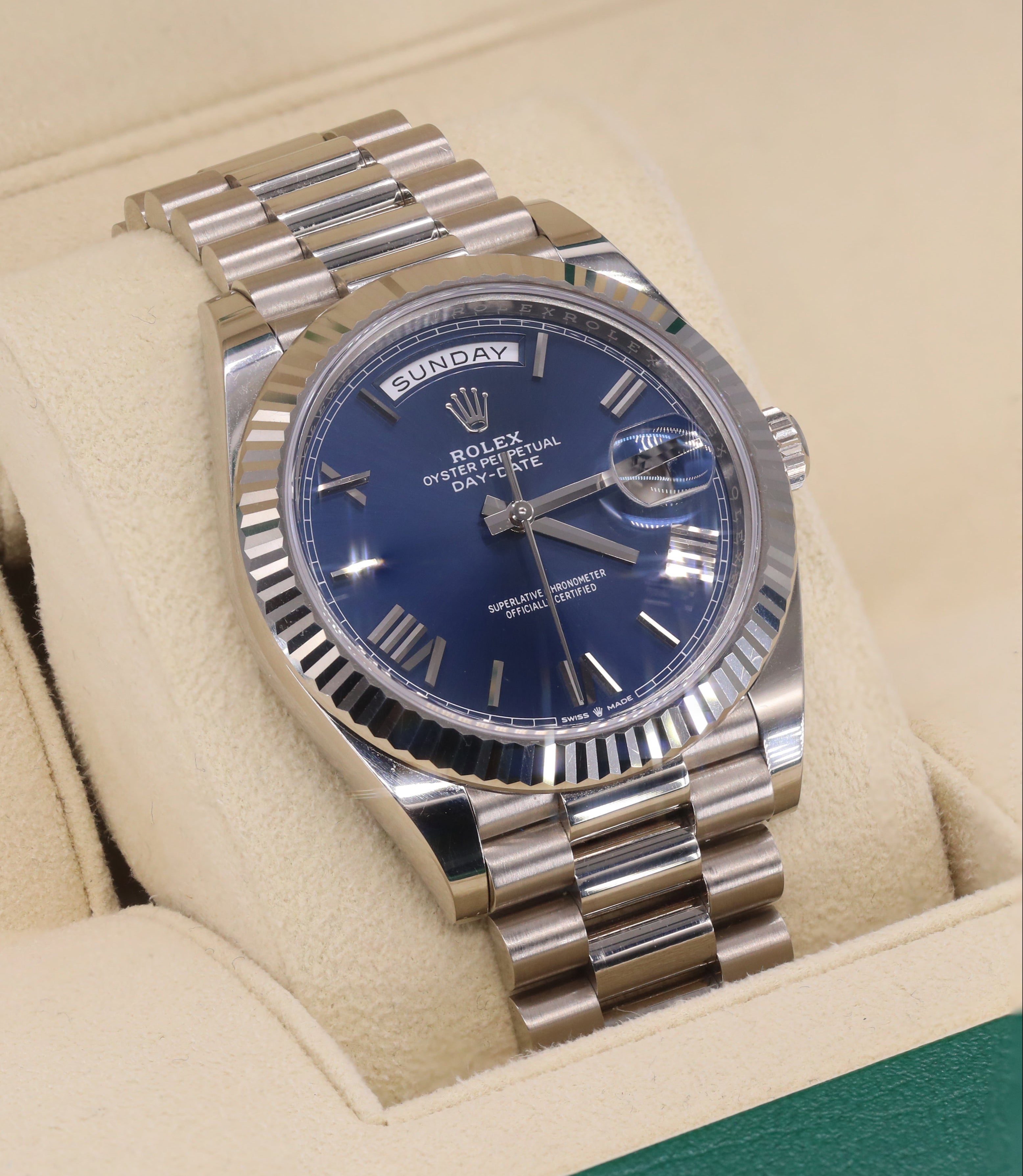 Rolex 228239 Day-Date 40mm White Gold Bright Blue Roman Dial