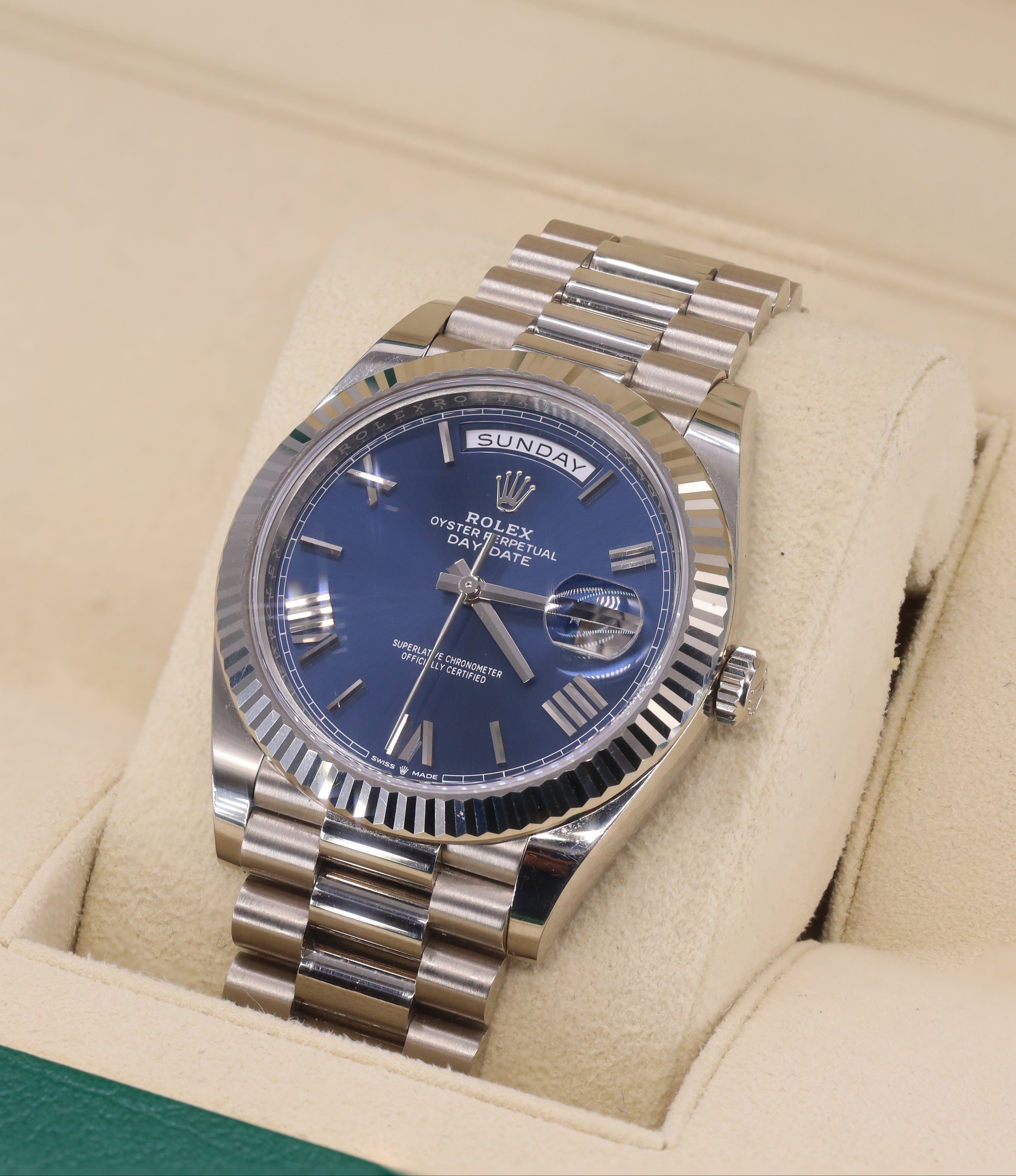 Rolex 228239 Day-Date 40mm White Gold Bright Blue Roman Dial