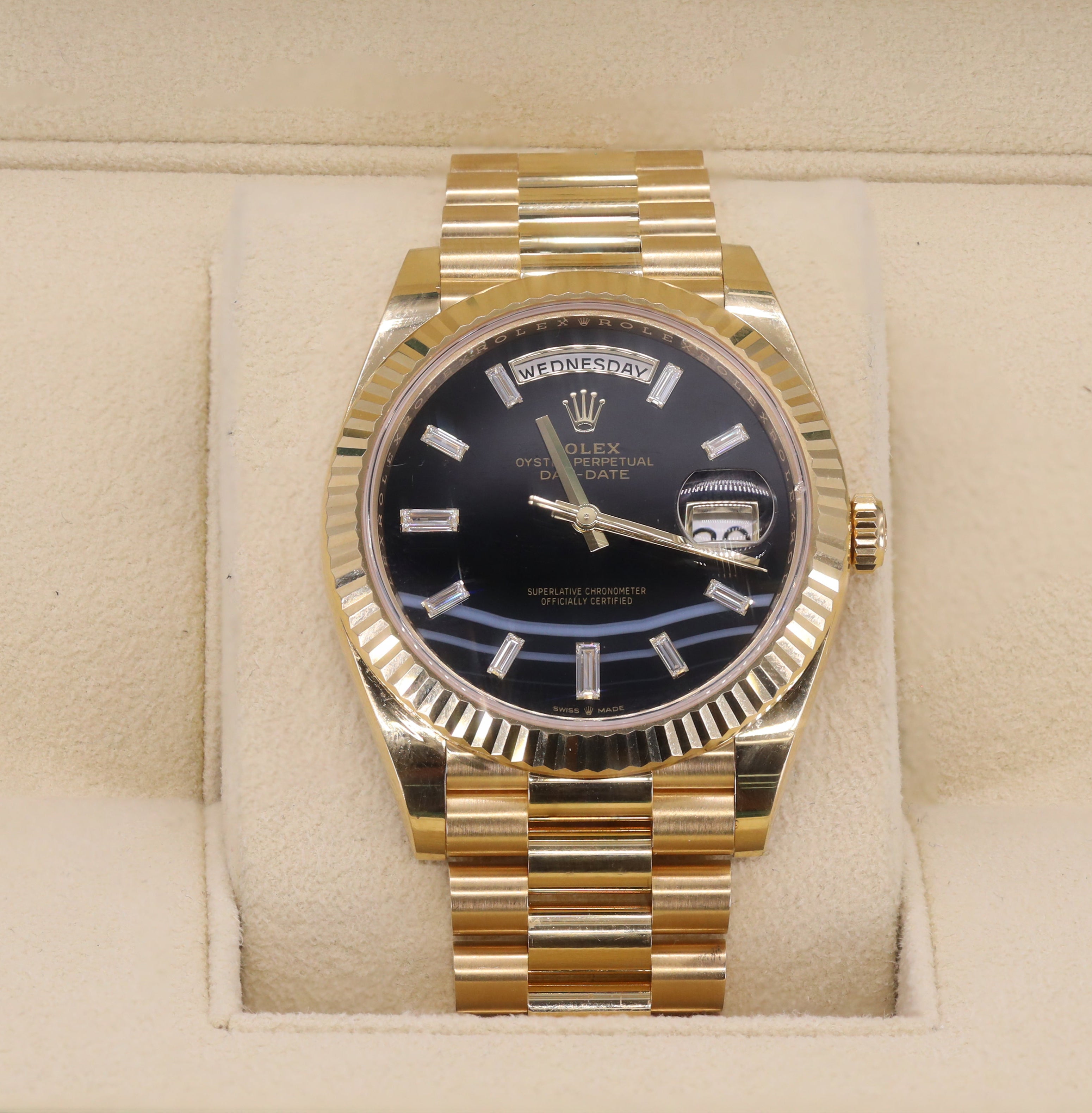 Rolex 228238 Day-Date 40mm Black Onyx Baguette Triple Wave Diamond Dial Yellow Gold