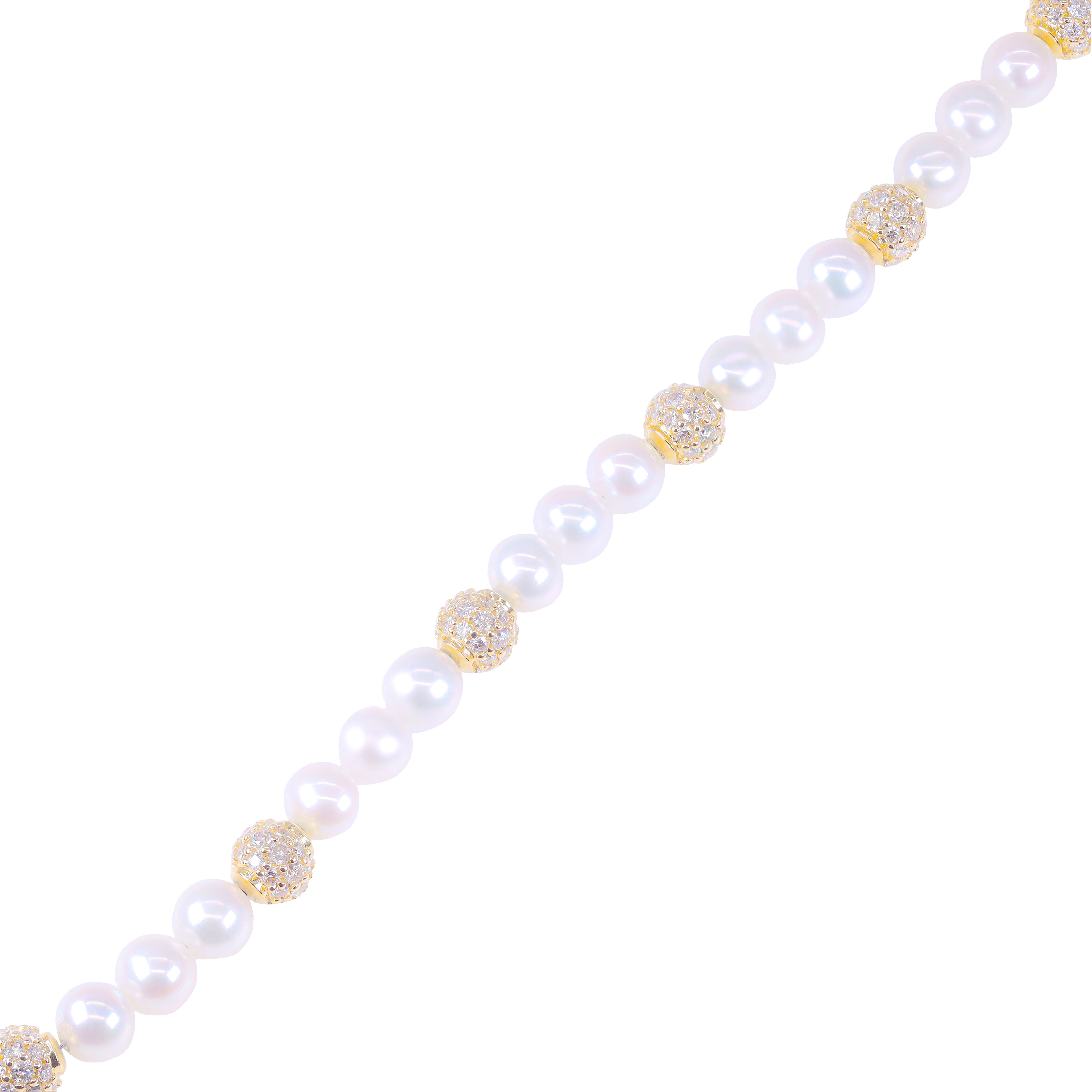 Pearl Bracelet with Diamond Ball Links Bracelet