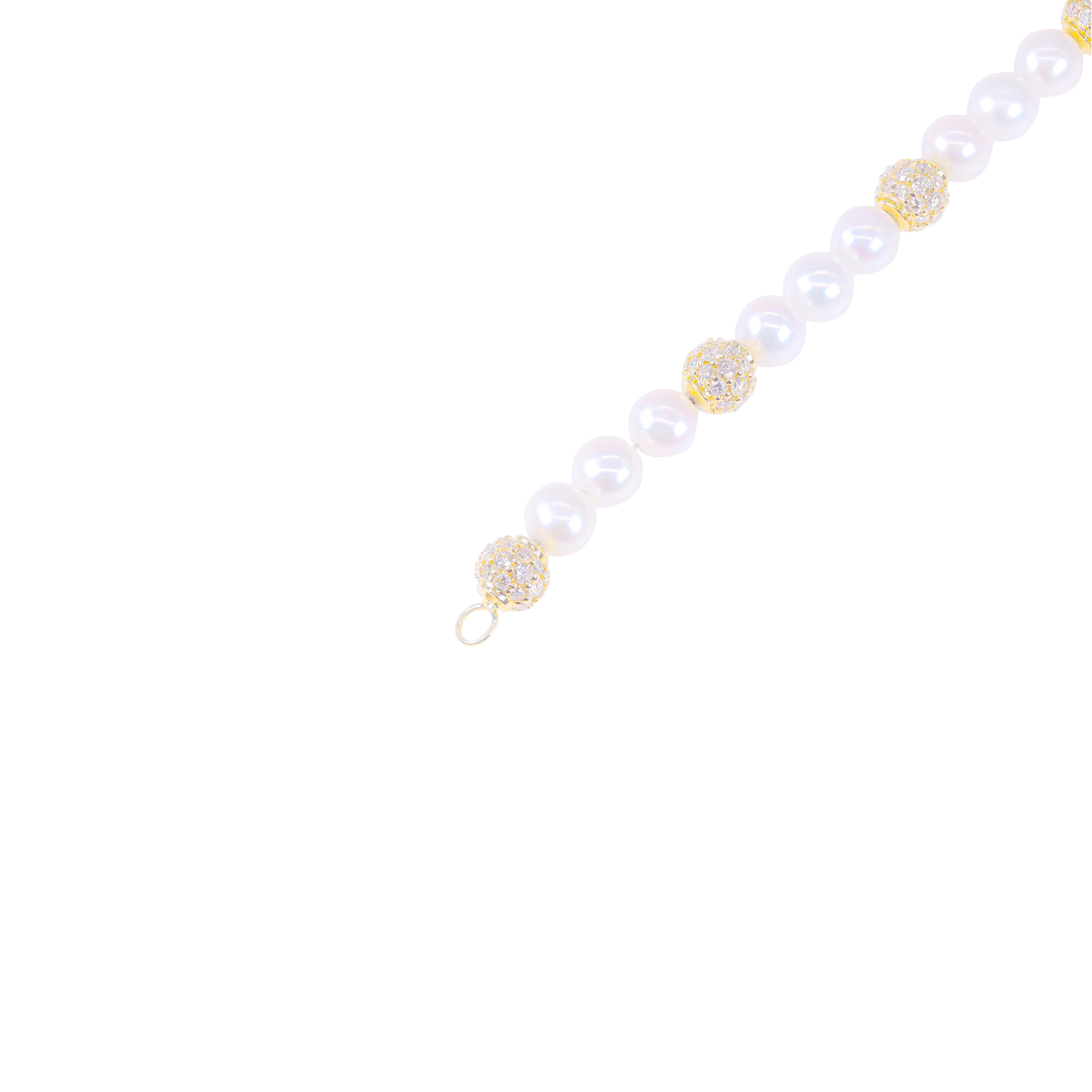 Pearl Bracelet with Diamond Ball Links Bracelet