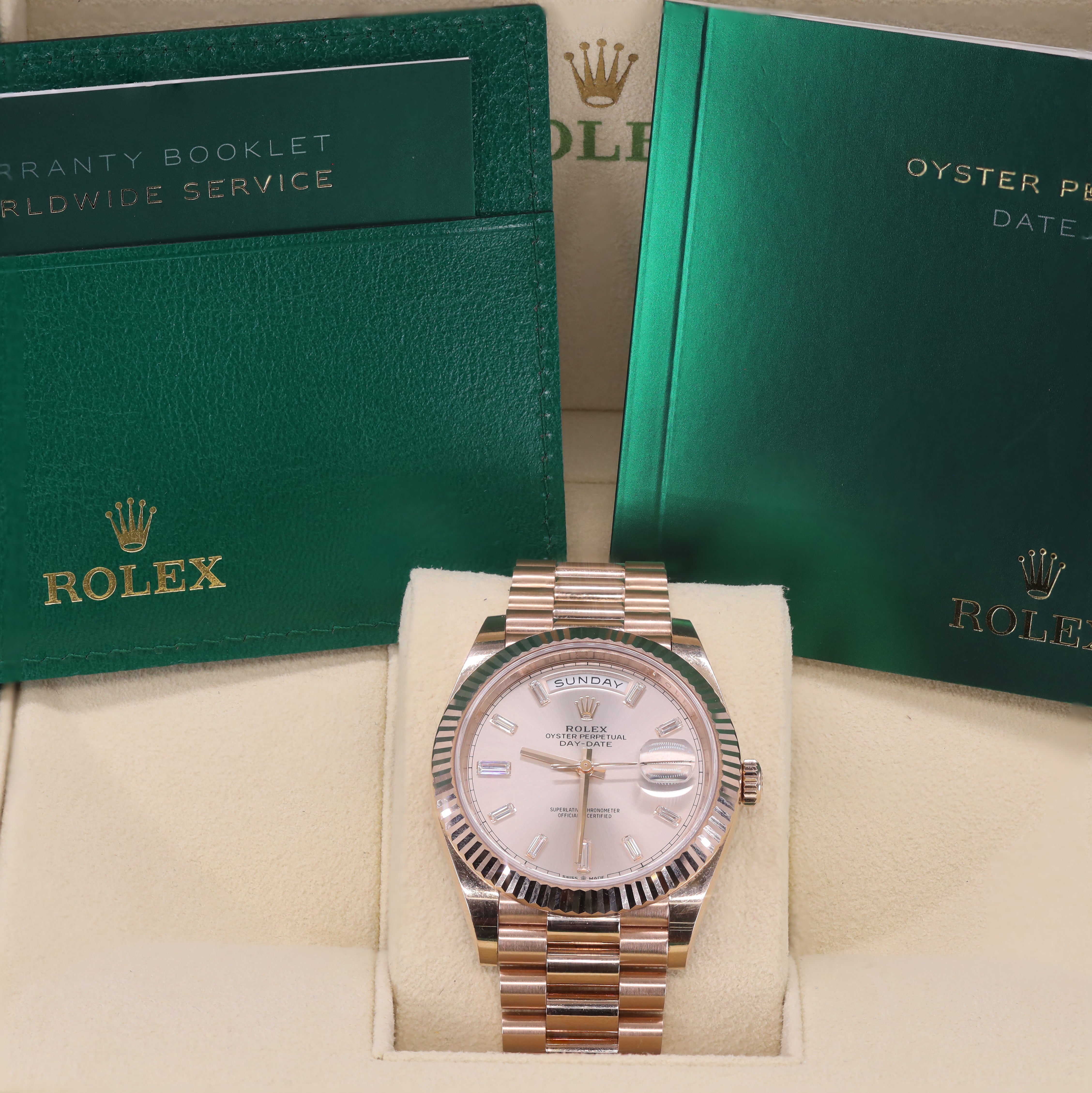 Rolex 228235 Day-Date 40mm Everose Gold Sundust Baguette Diamond Dial