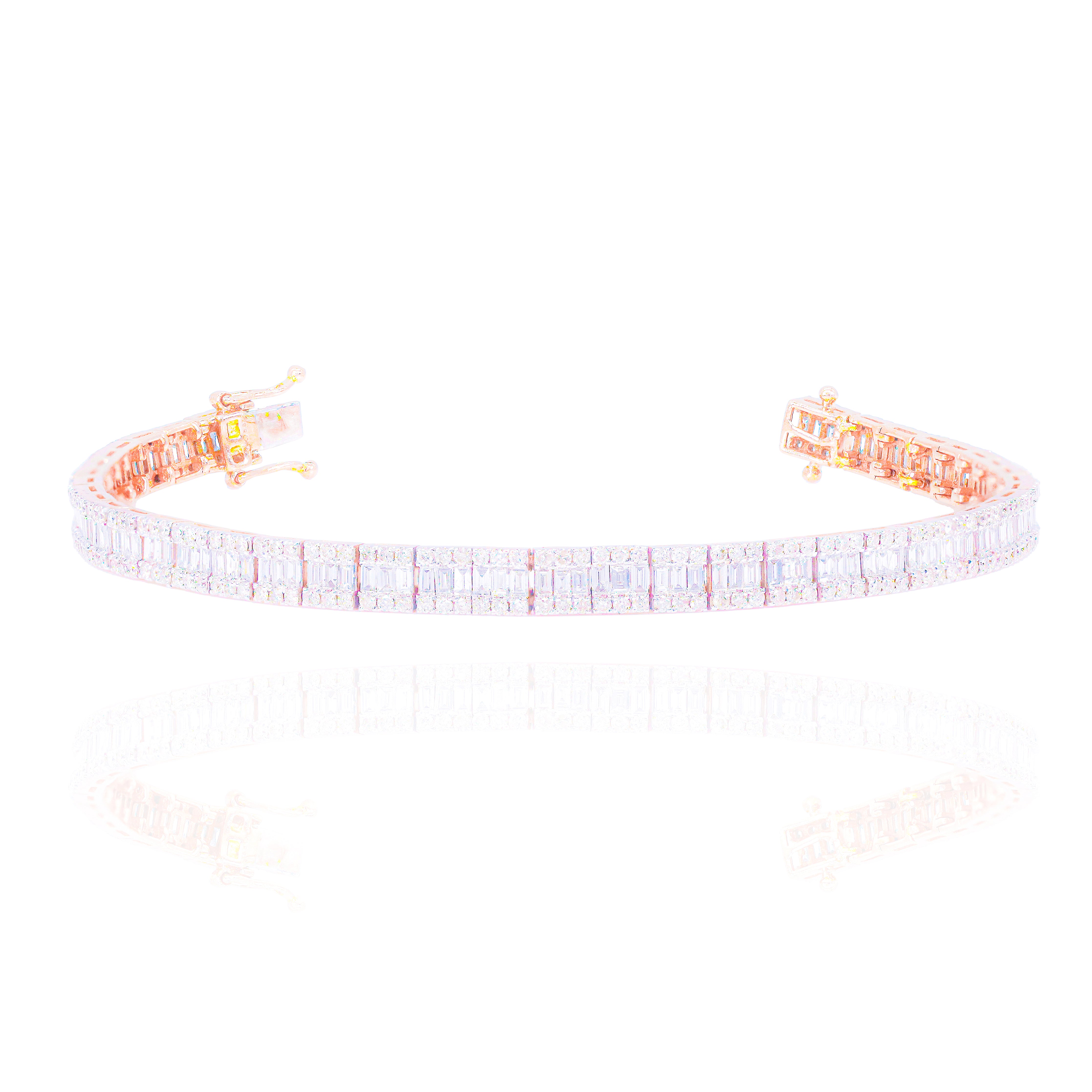Rose Gold Square Link Baguette & Round Diamond Bracelet