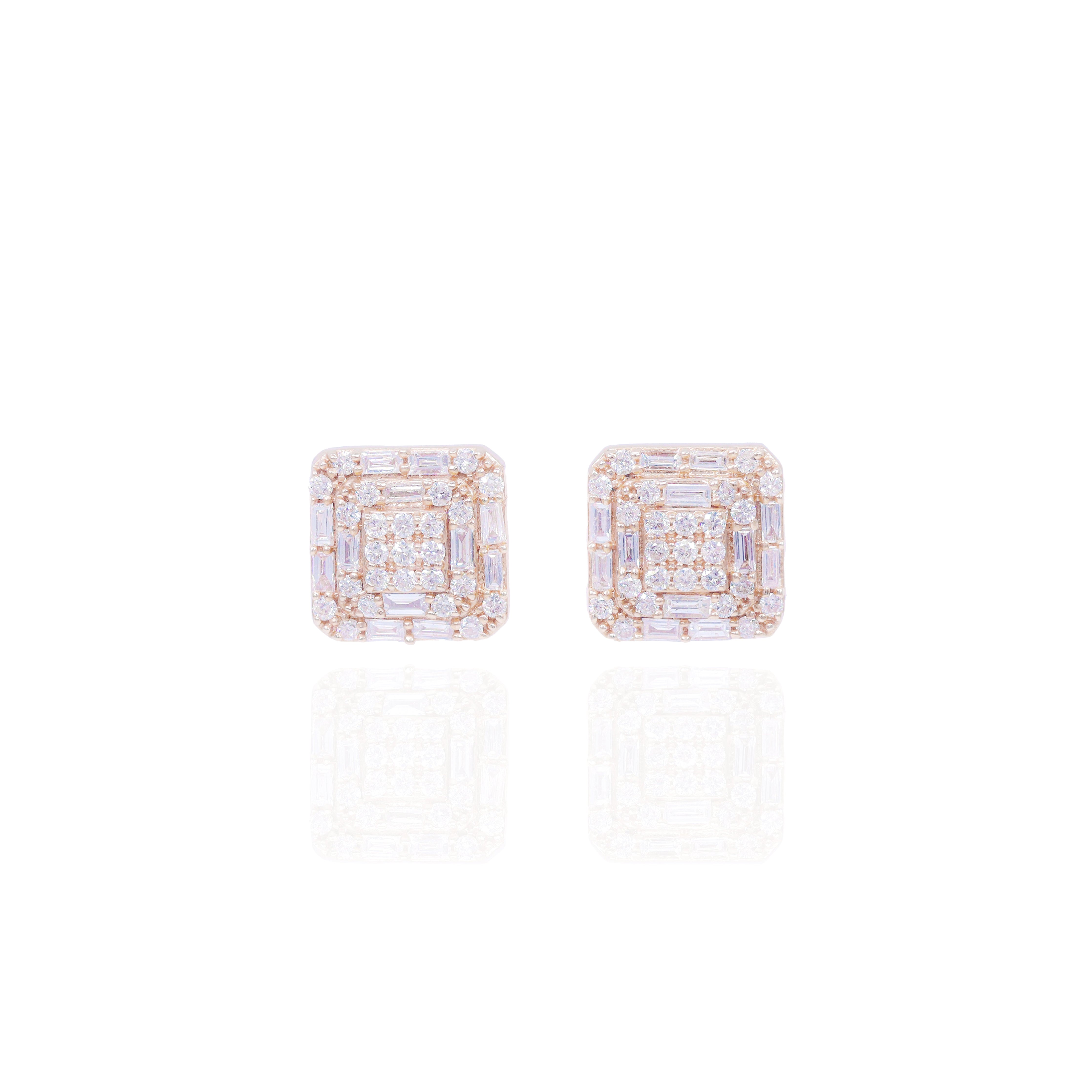 Square Shaped Round & Baguette Diamond Earrings