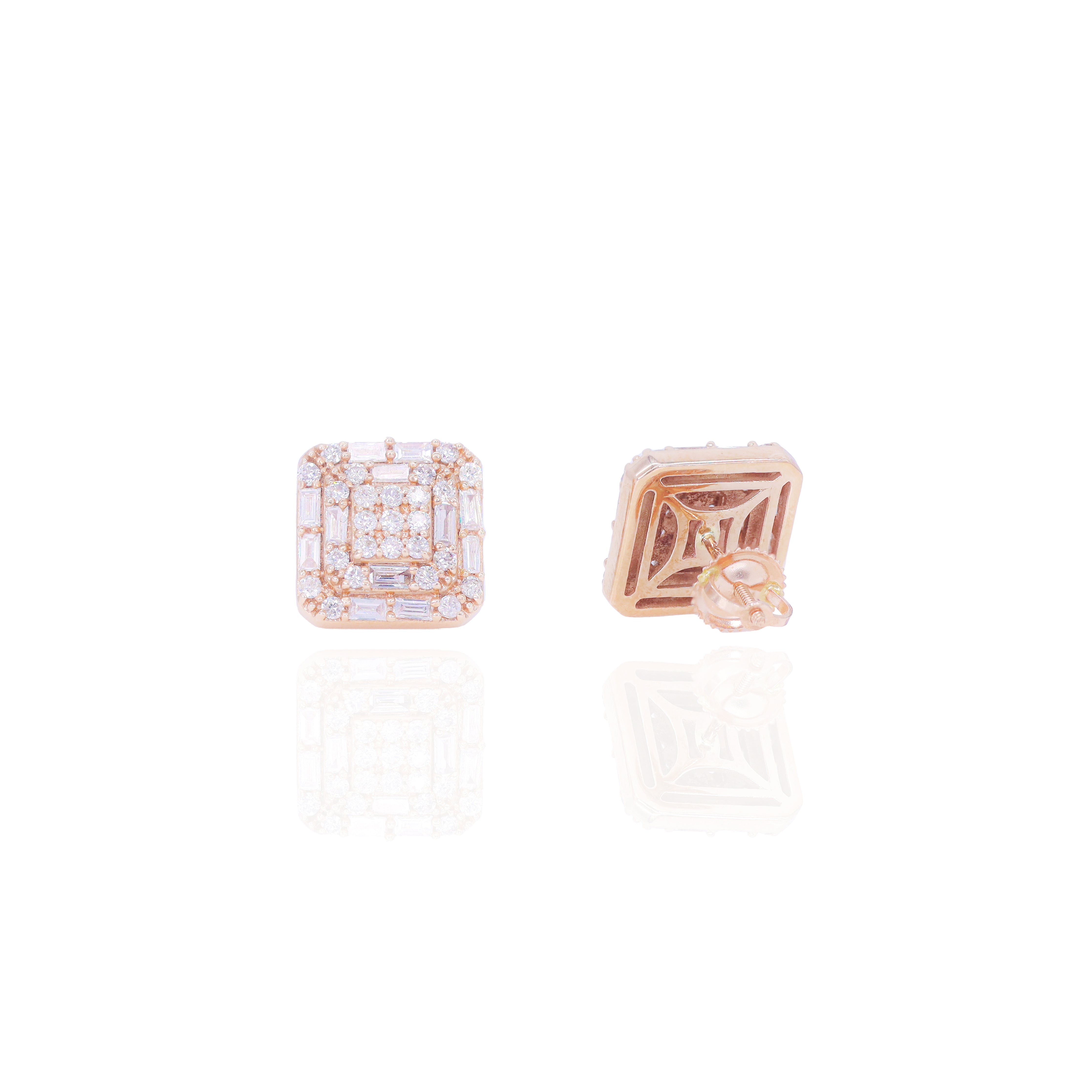 Square Shaped Round & Baguette Diamond Earrings