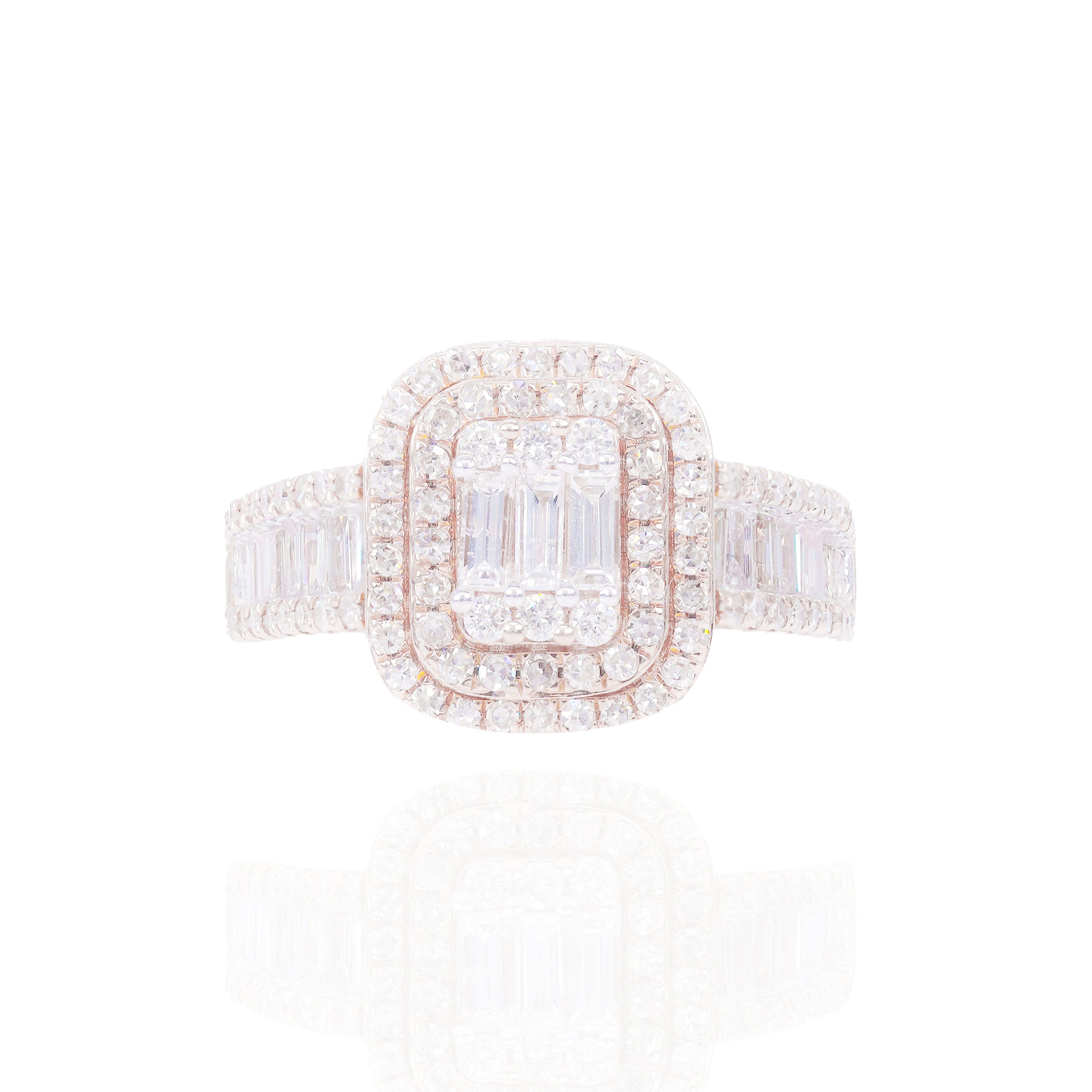 Emerald Shape Diamond Engagement Ring with Double Halo & Band