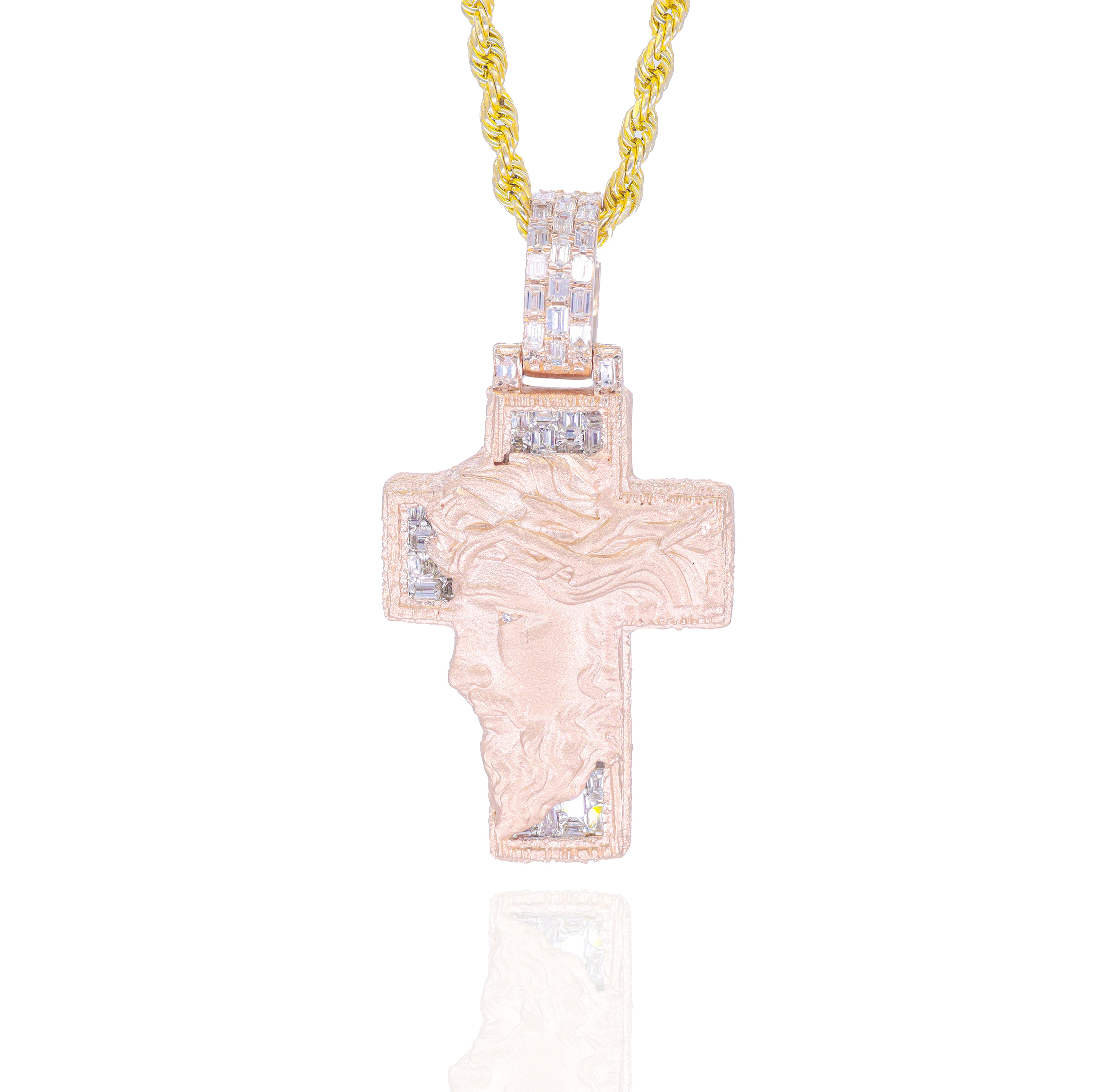 Emerald Diamond Cross Pendant w/ Solid Gold Jesus Face