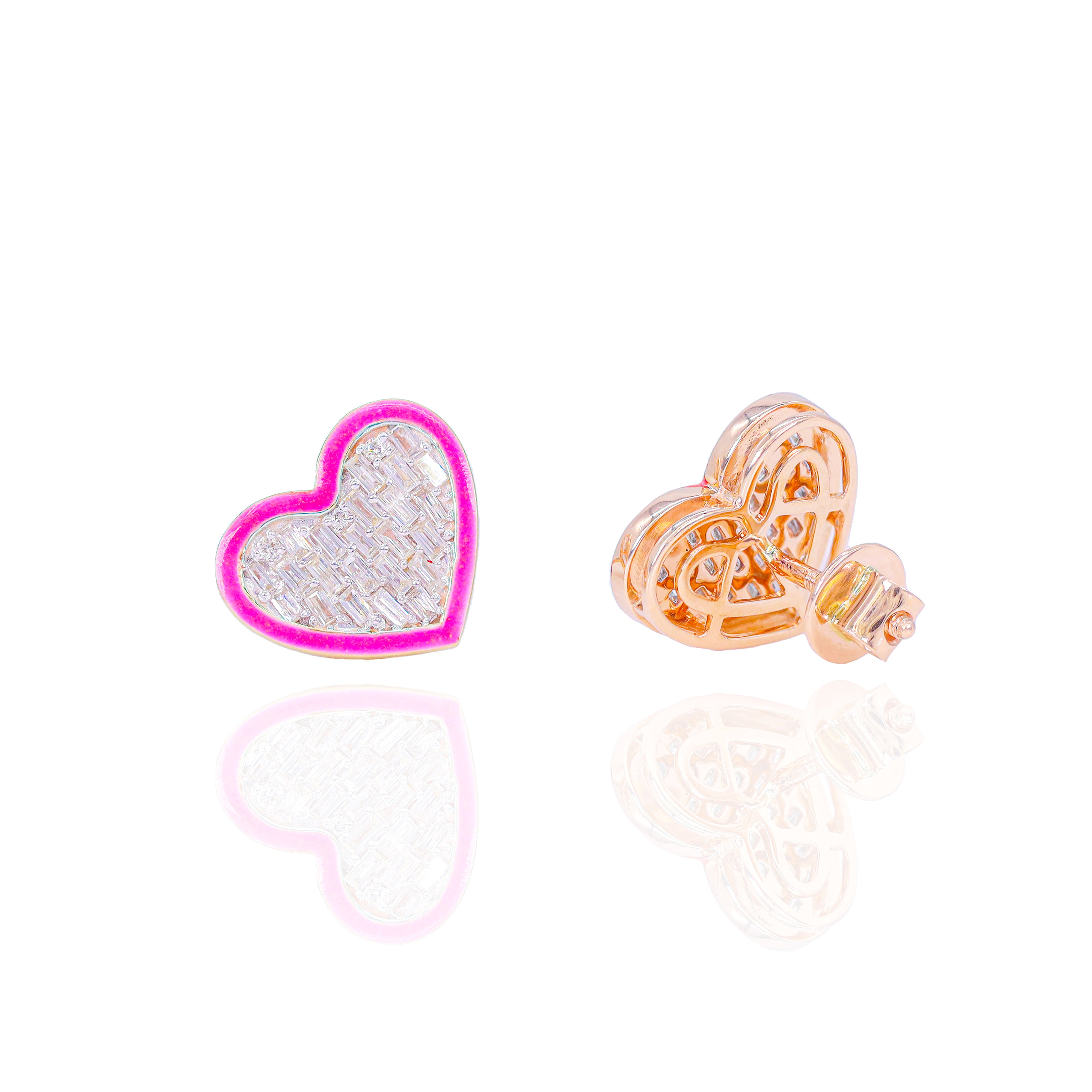 Baguette Diamond Heart Earrings w/ Pink Enamel Border