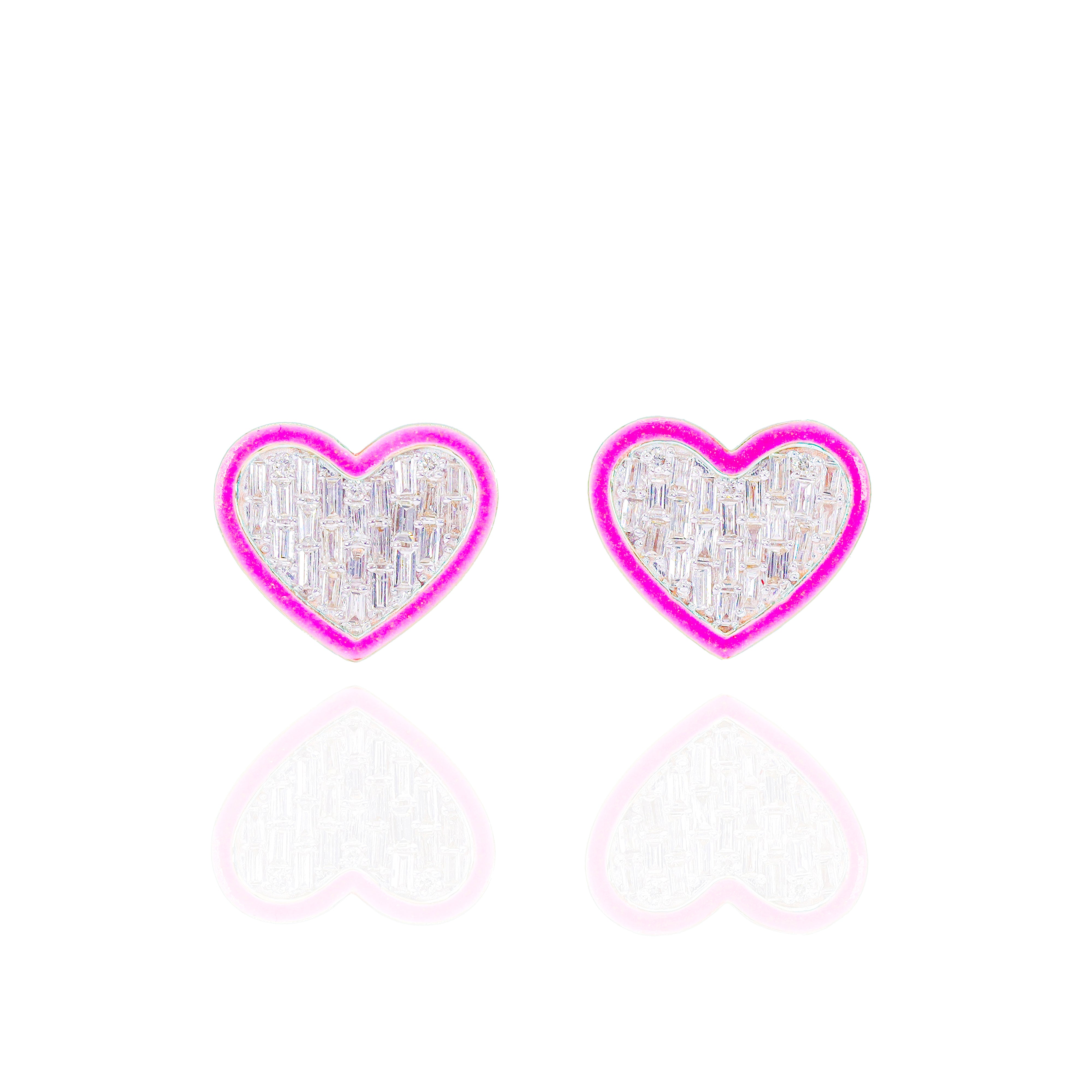 Baguette Diamond Heart Earrings w/ Pink Enamel Border