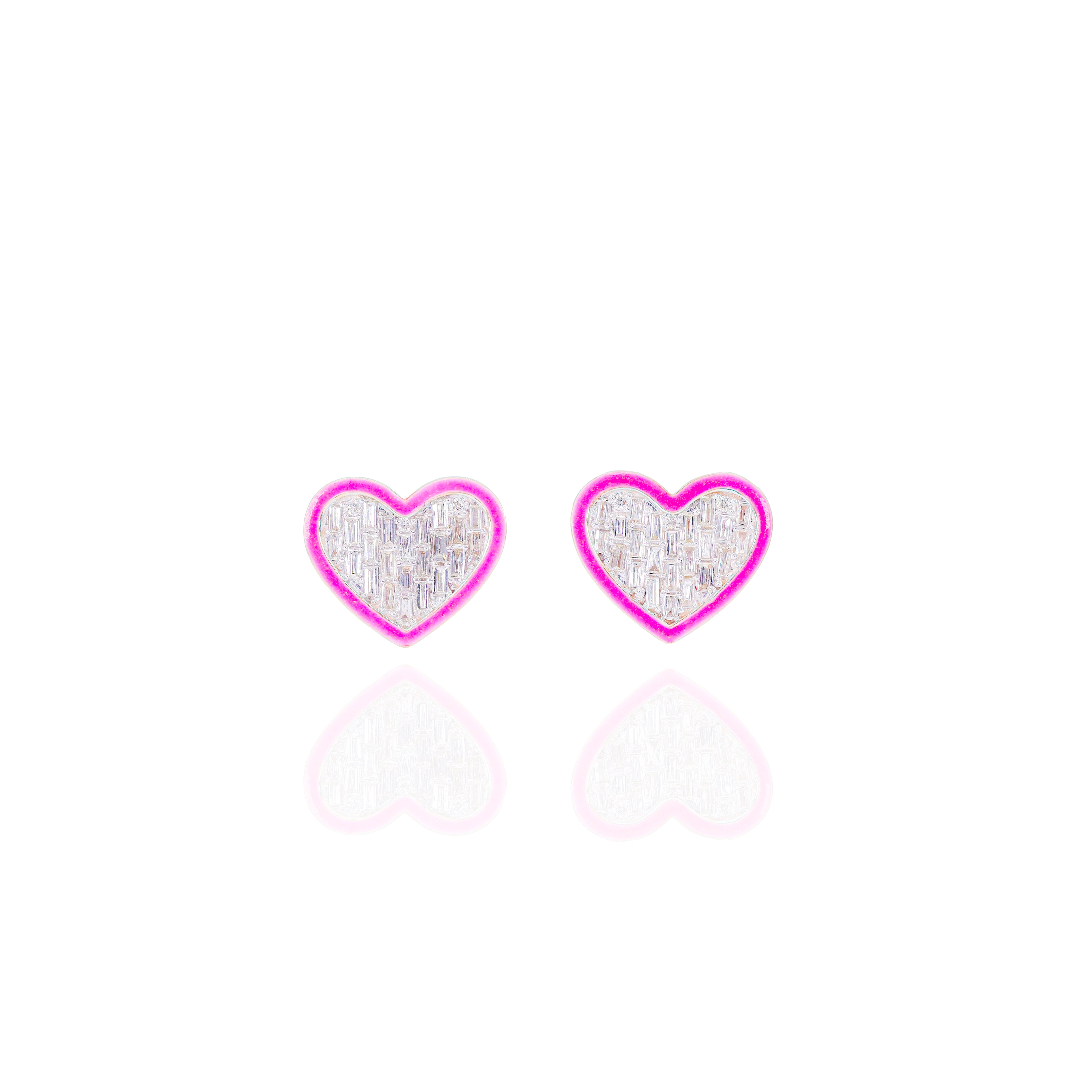 Baguette Diamond Heart Earrings w/ Pink Enamel Border