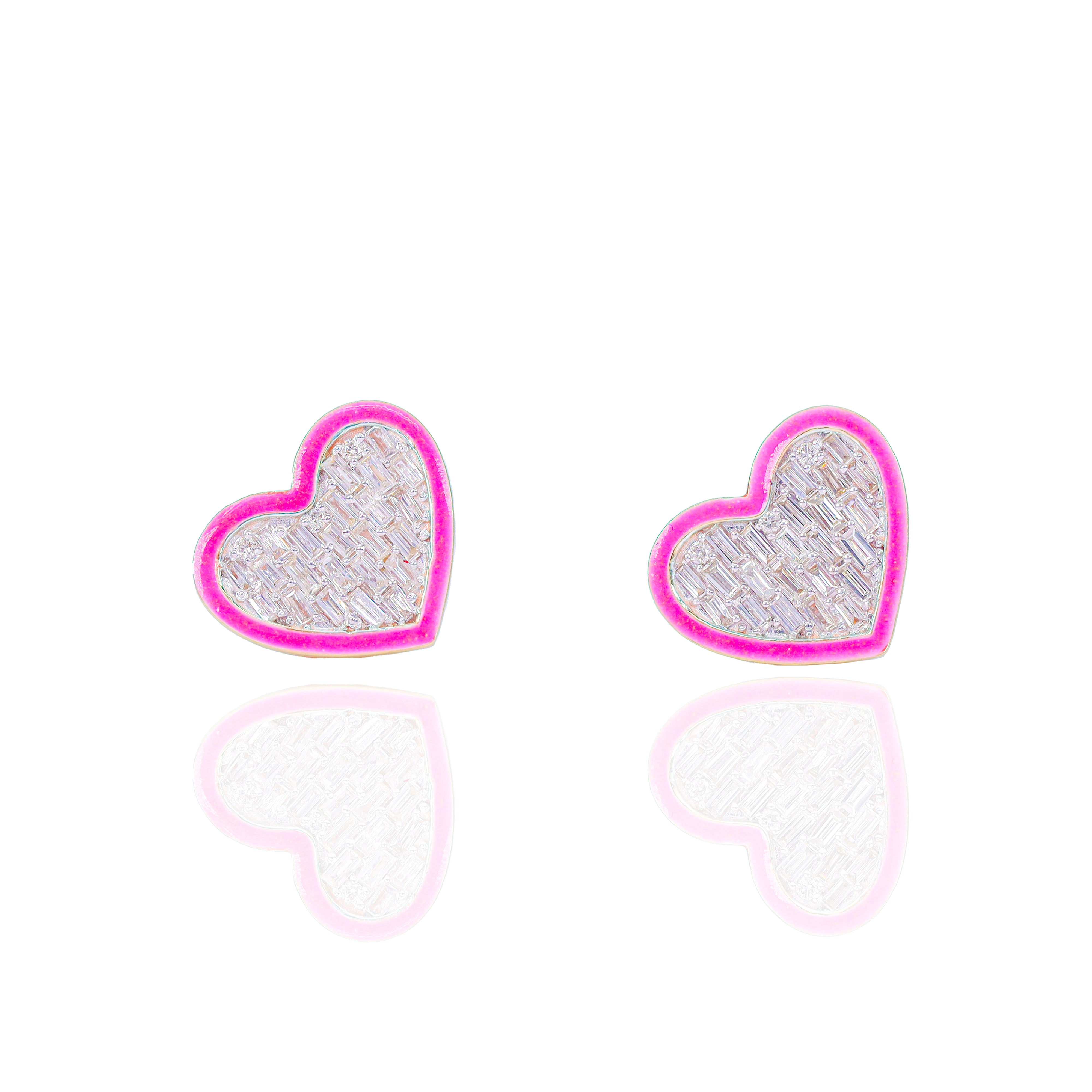 Baguette Diamond Heart Earrings w/ Pink Enamel Border