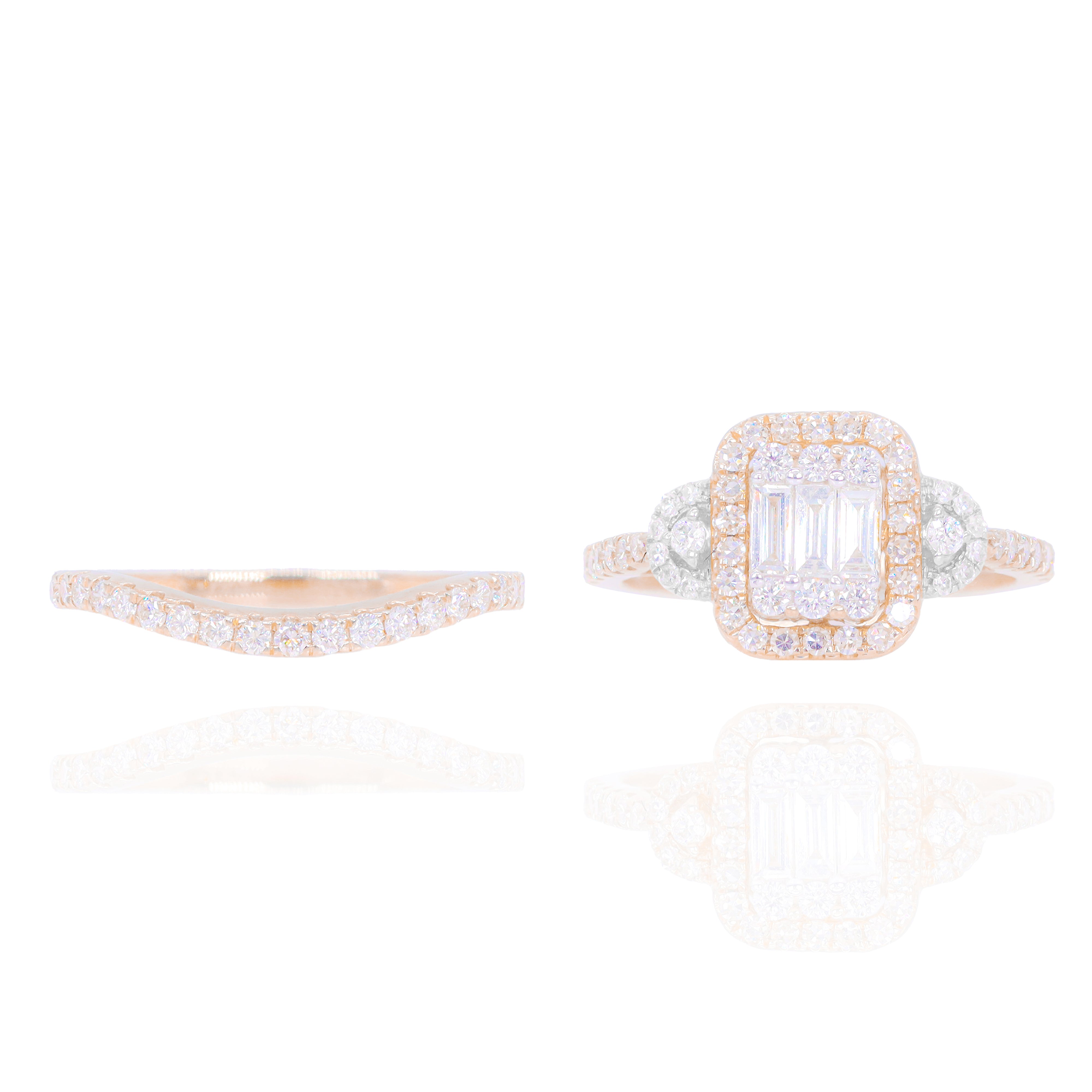 Baguette with Round Halo and Half Cut Sides Diamond Engagement Ring & Band