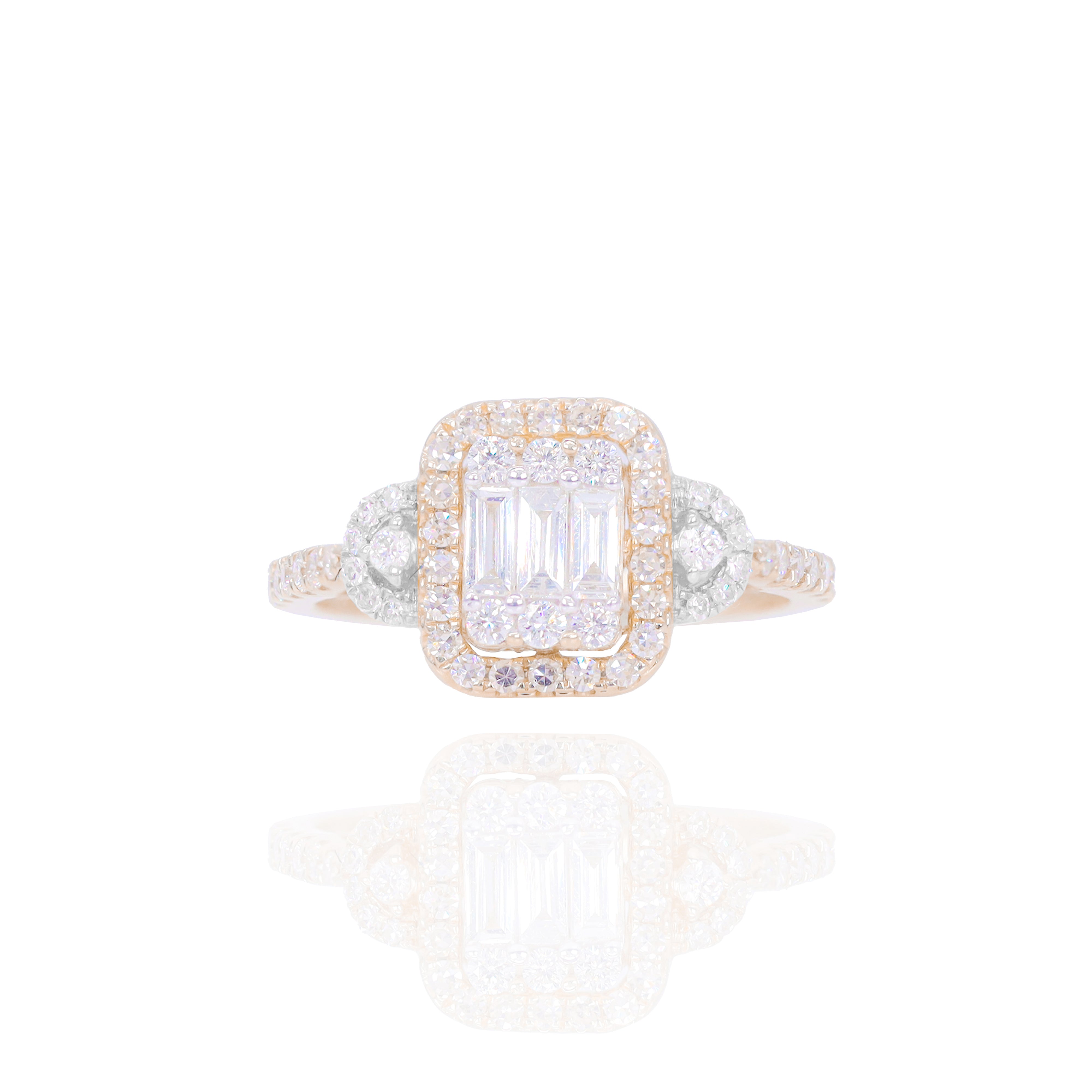 Baguette with Round Halo and Half Cut Sides Diamond Engagement Ring & Band