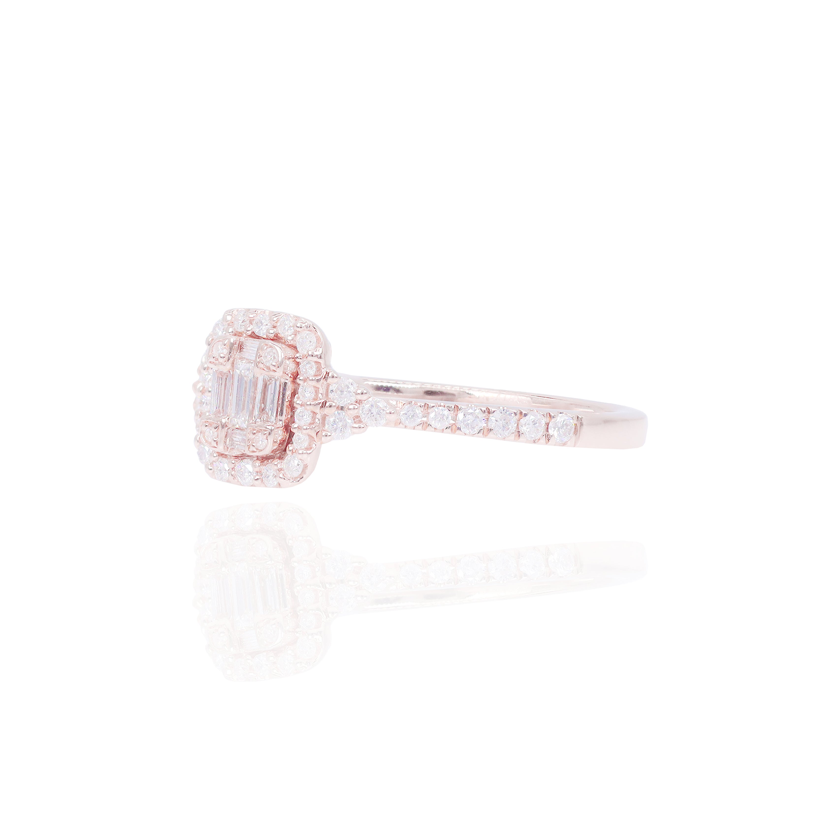 Princess Shape Halo Diamond Engagement Ring with Baguette Diamonds