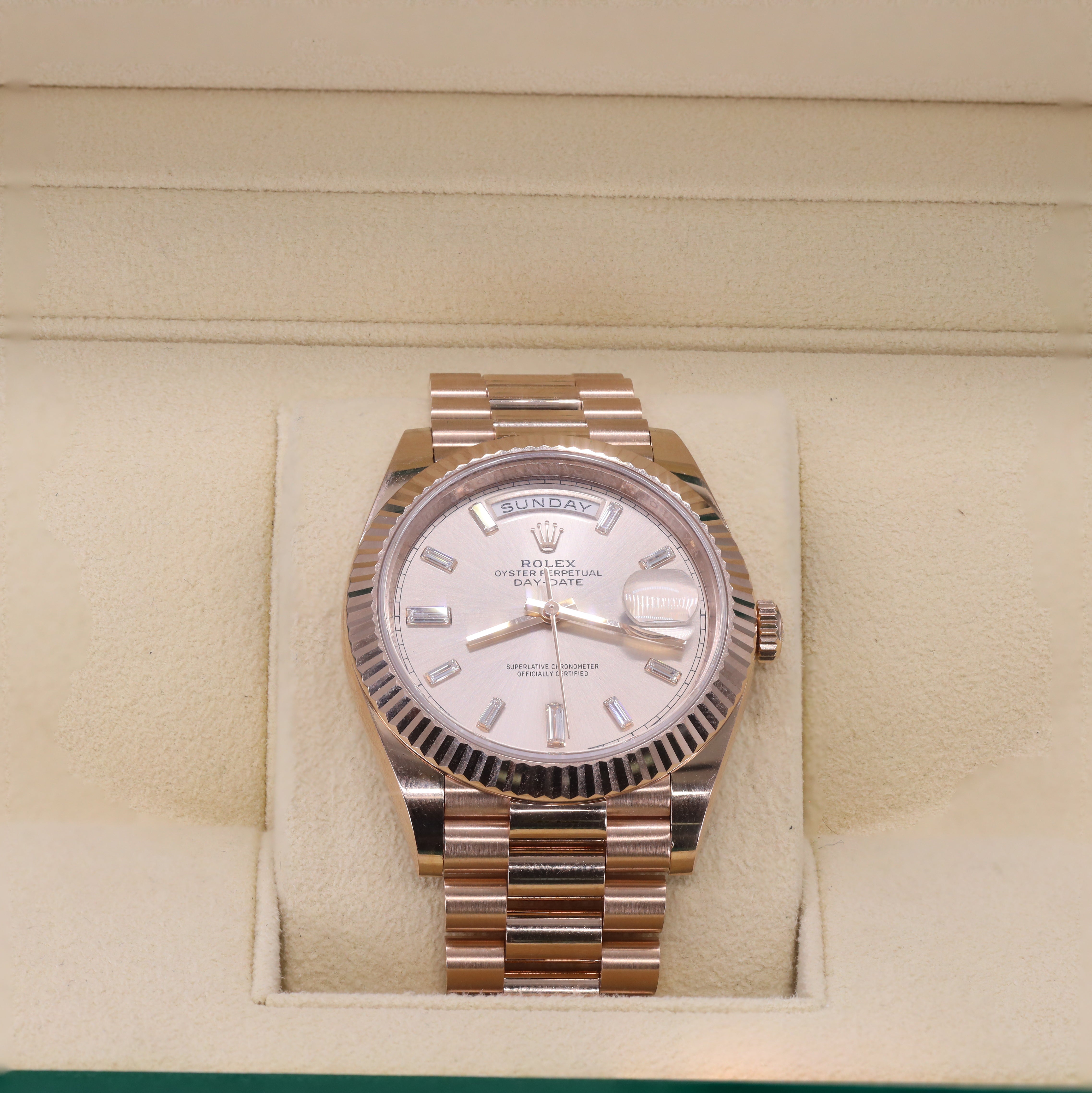 Rolex 228235 Day-Date 40mm Everose Gold Sundust Baguette Diamond Dial