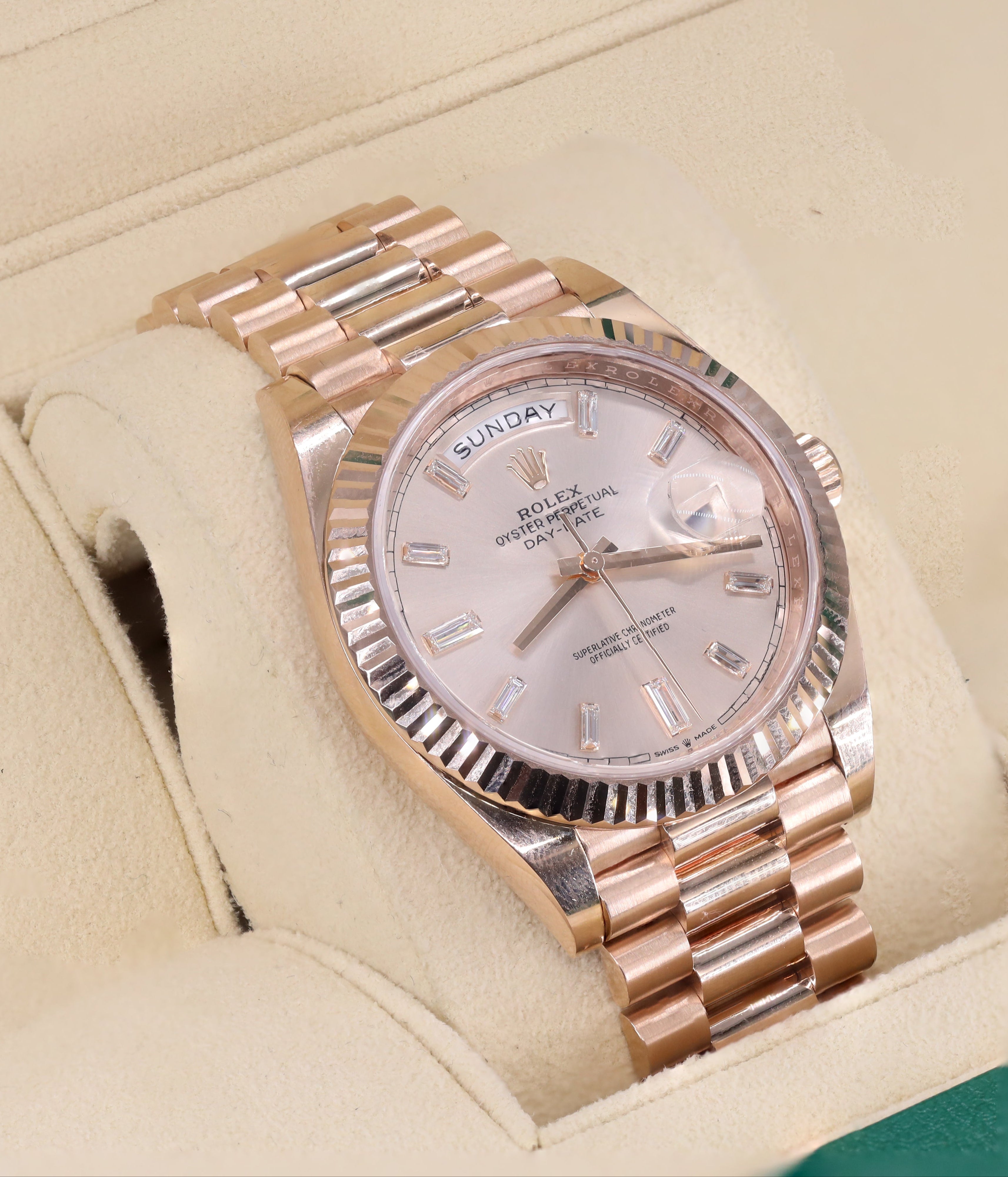 Rolex 228235 Day-Date 40mm Everose Gold Sundust Baguette Diamond Dial