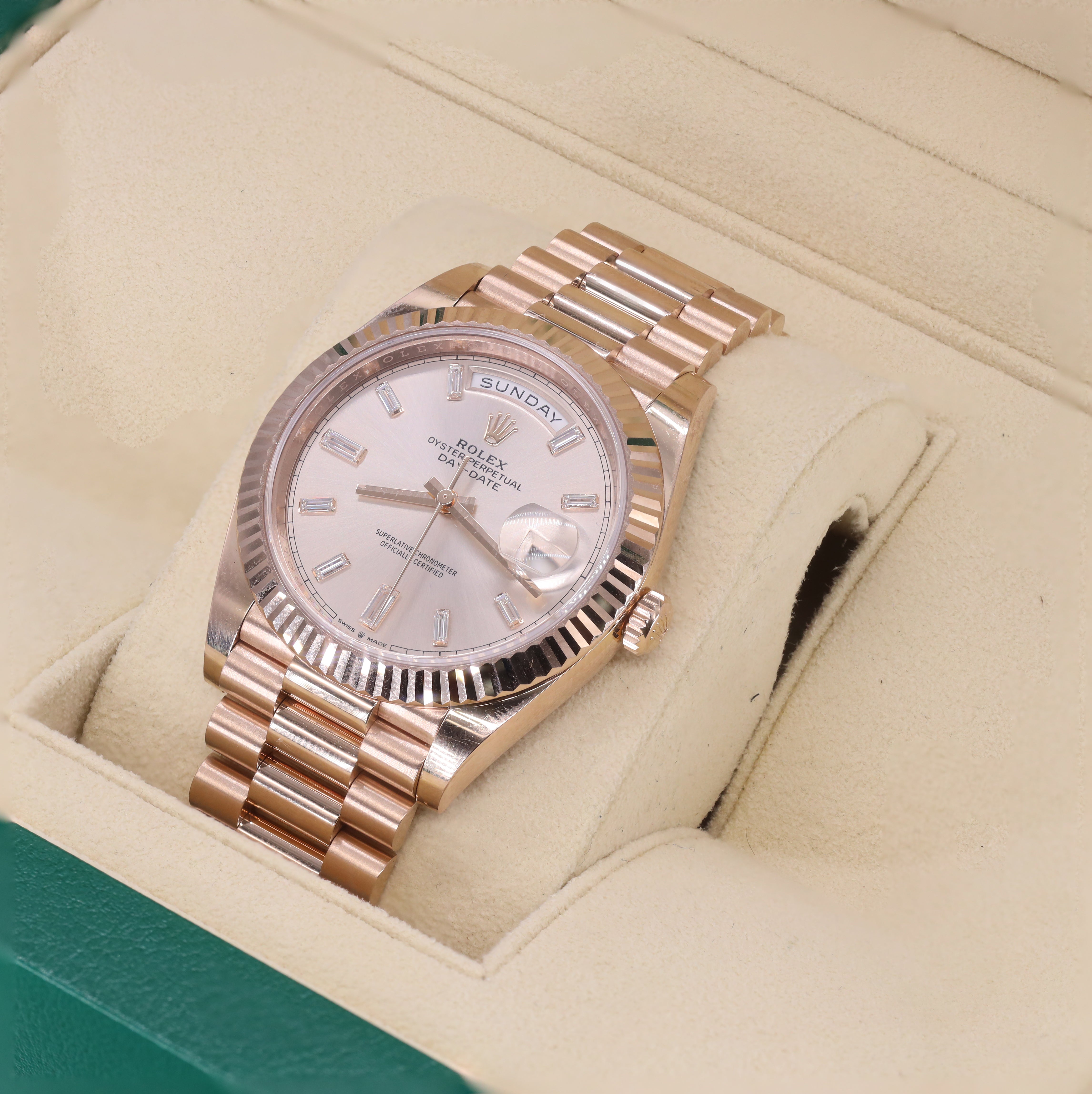 Rolex 228235 Day-Date 40mm Everose Gold Sundust Baguette Diamond Dial