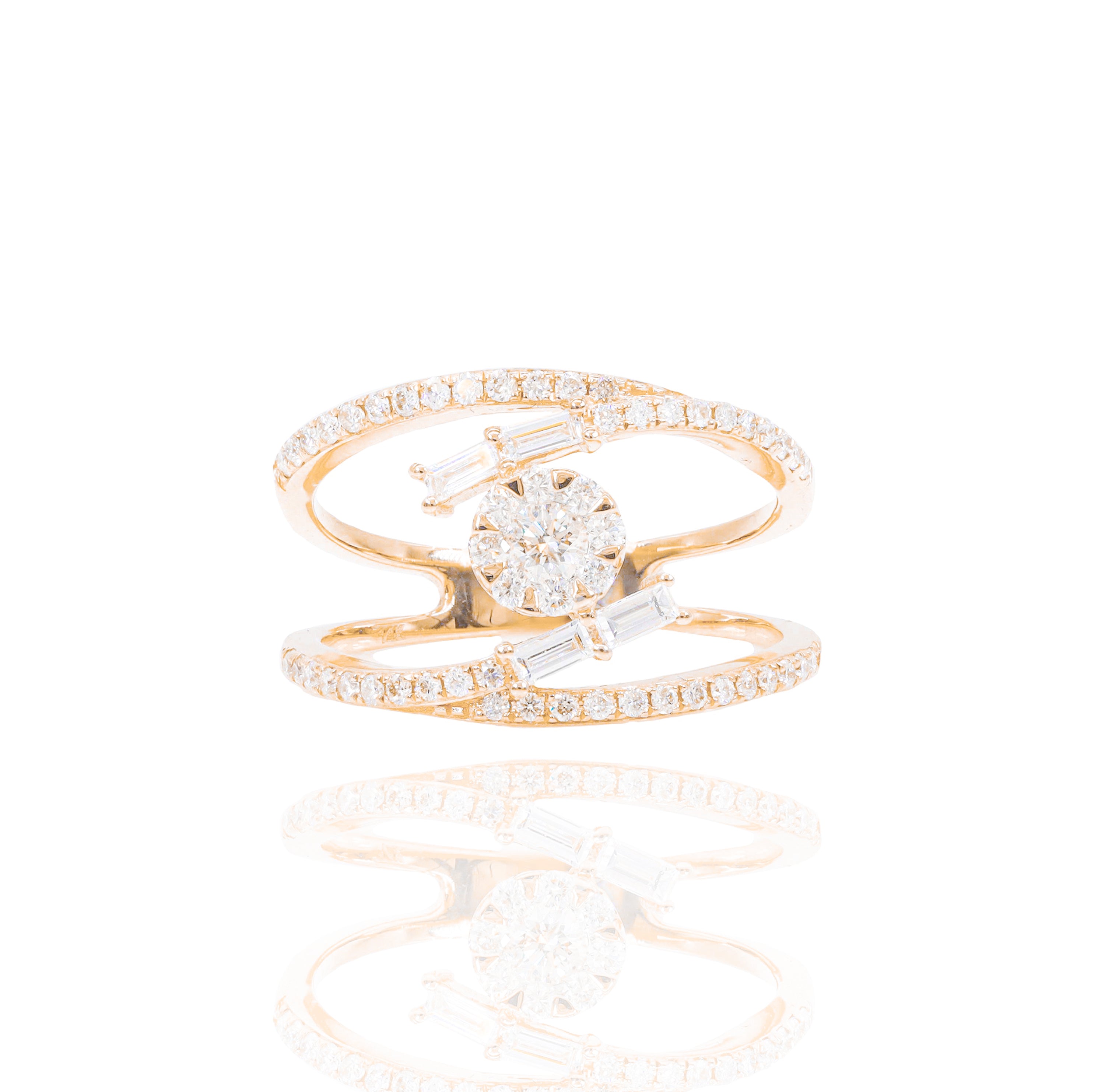 Two Row Round Cluster Baguette Diamond Ring