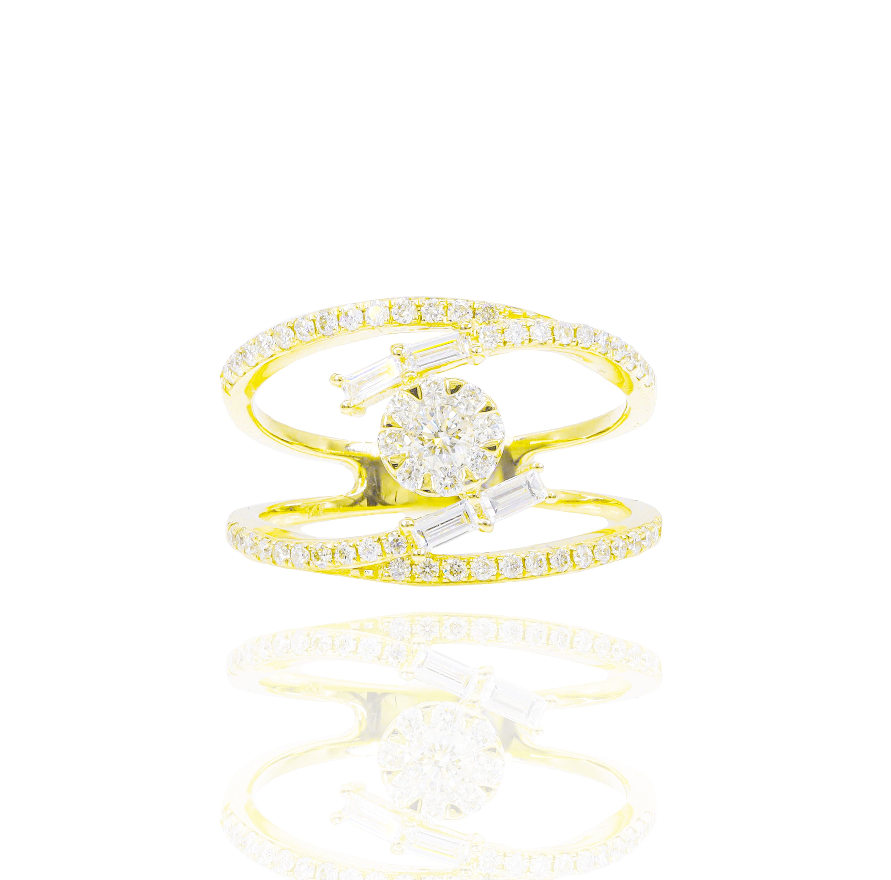 Two Row Round Cluster Baguette Diamond Ring