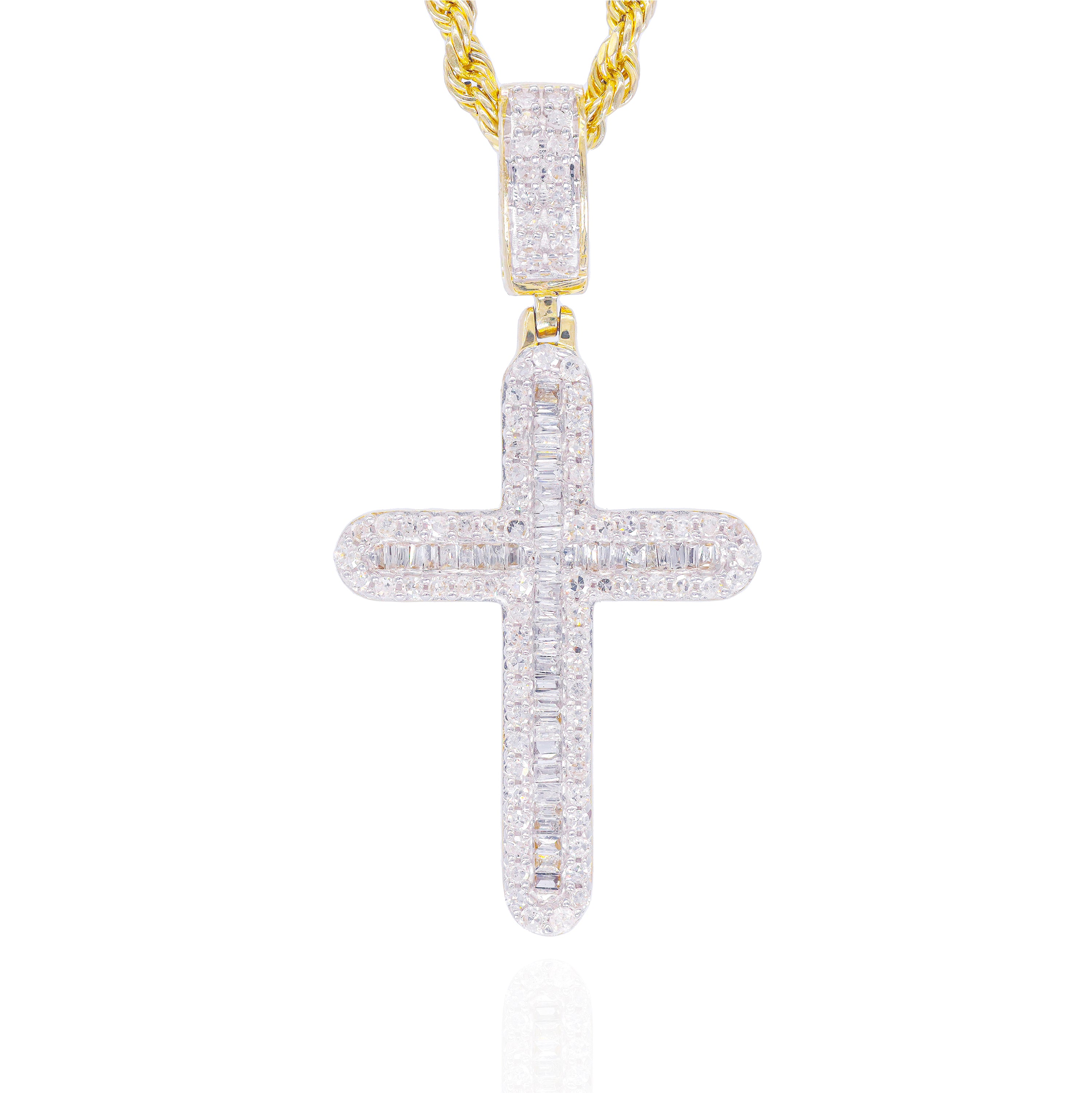 Baguette w/ Round Dimond Border Cross Pendant