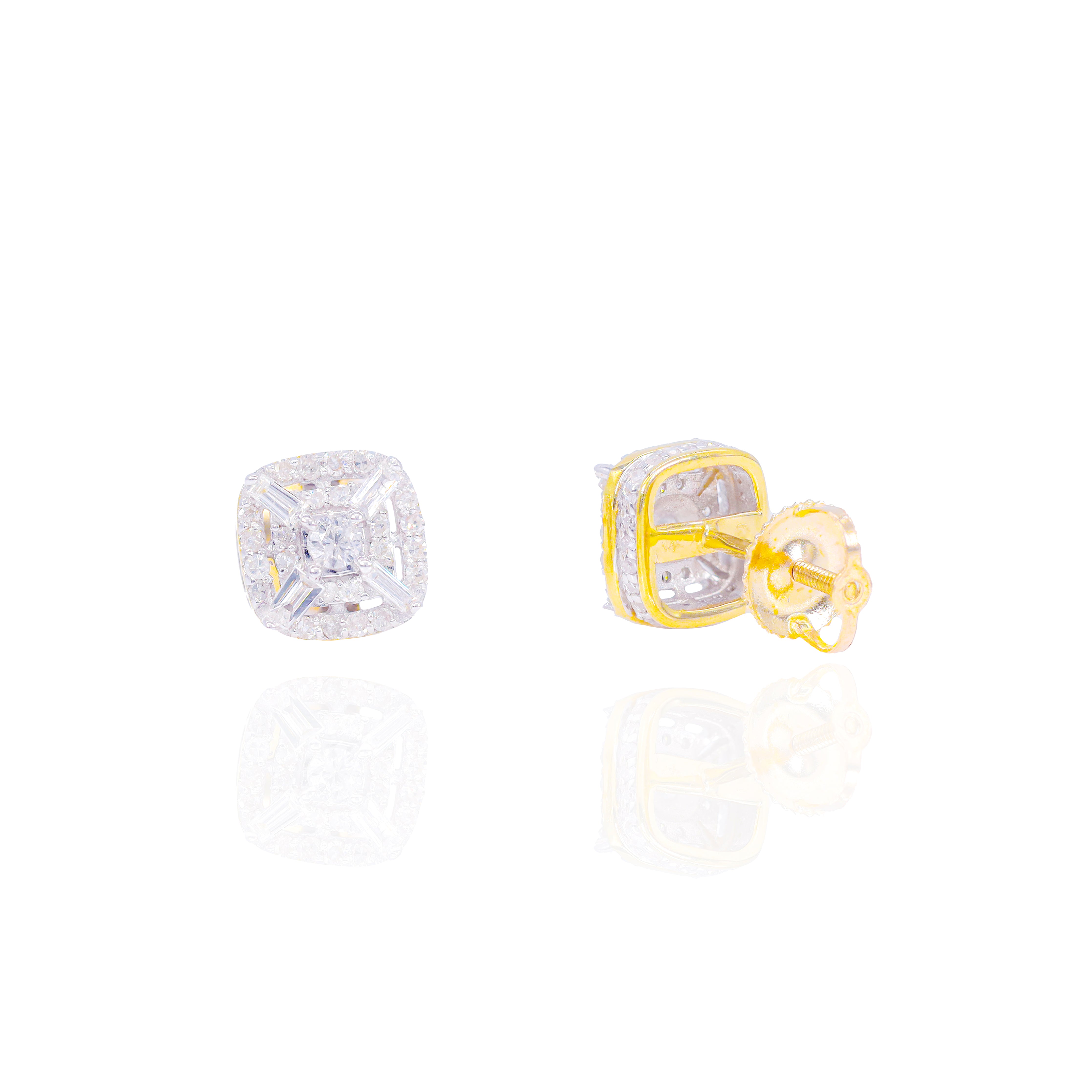 Square Diamond Earrings w/ Baguette Corners & Round Border