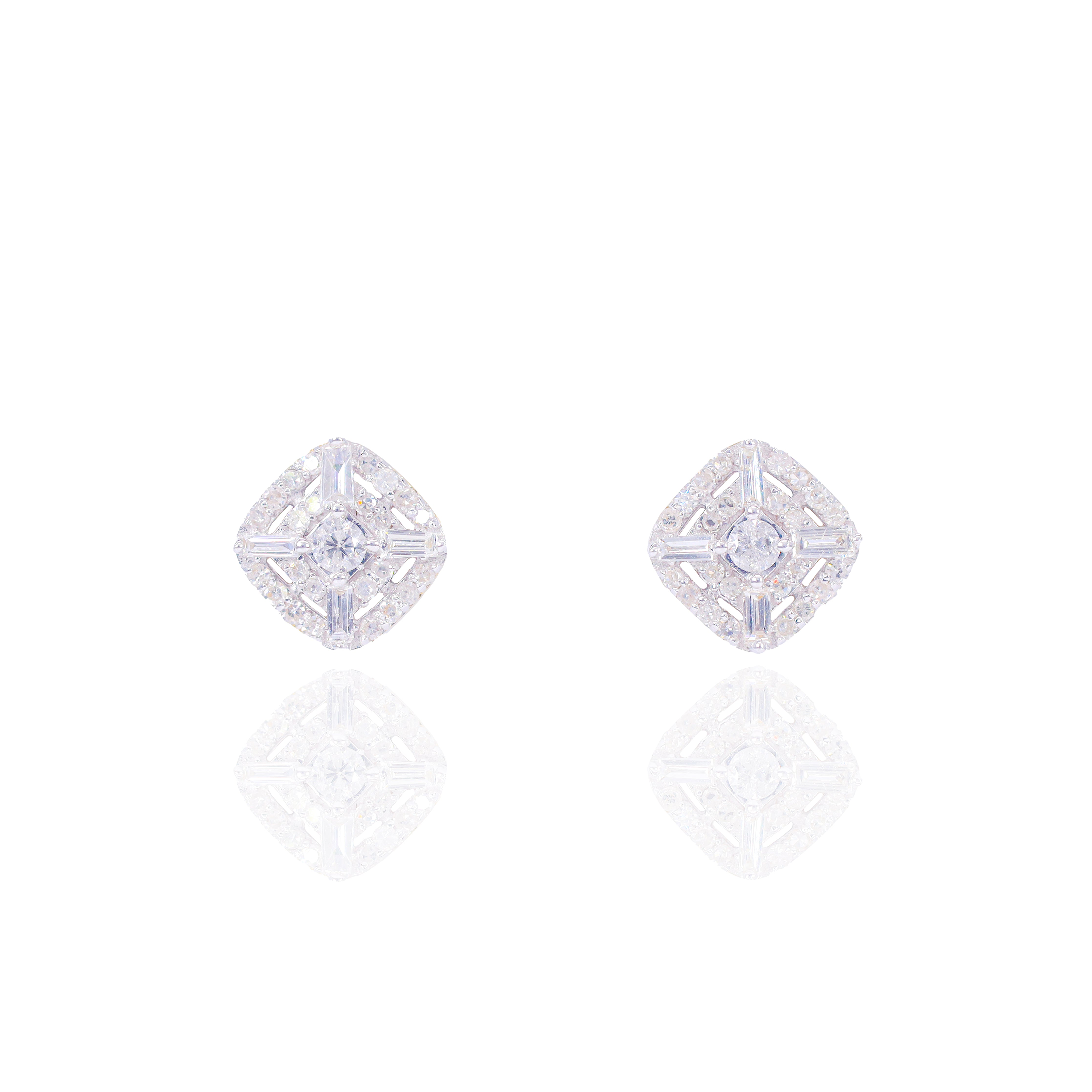 Square Diamond Earrings w/ Baguette Corners & Round Border