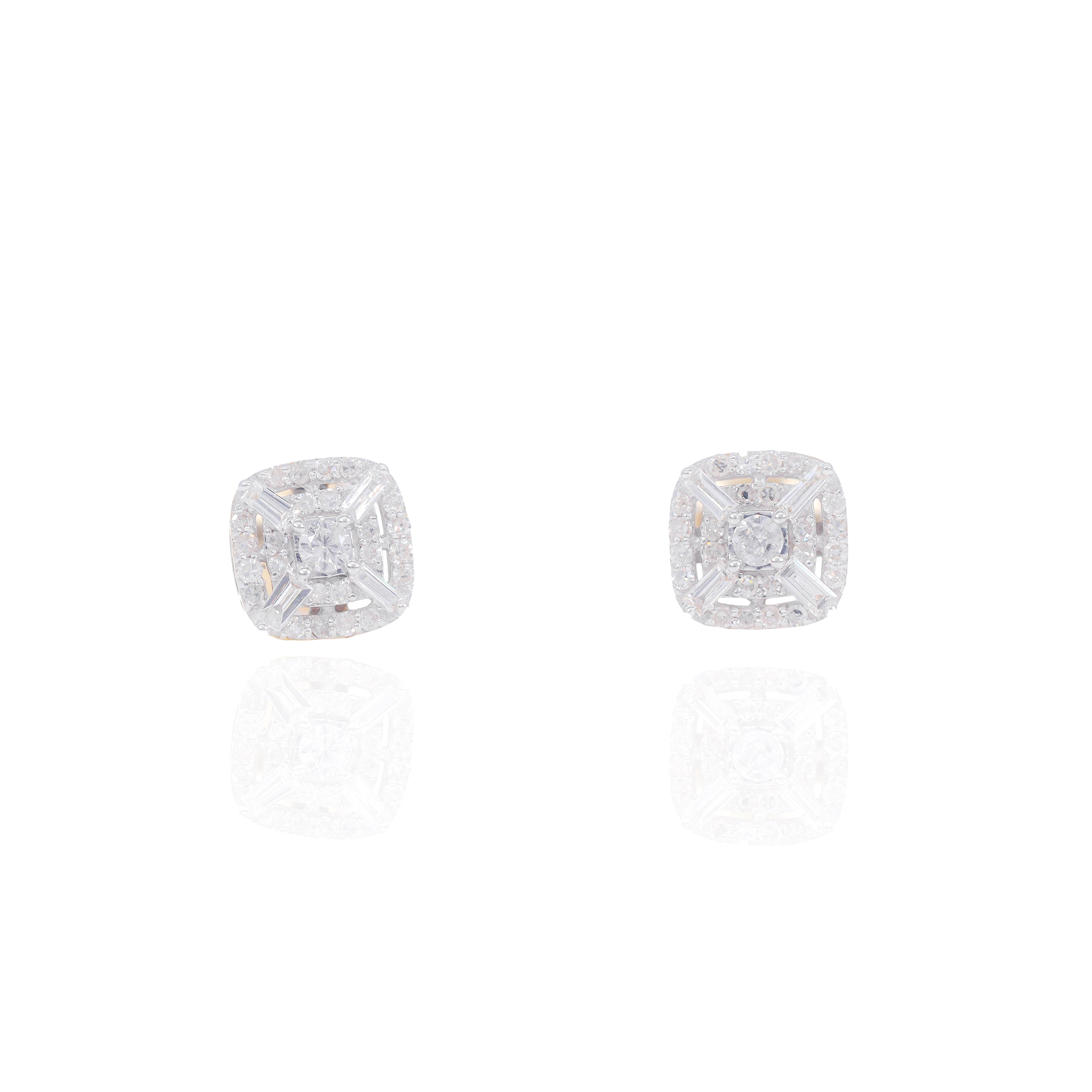 Square Diamond Earrings w/ Baguette Corners & Round Border