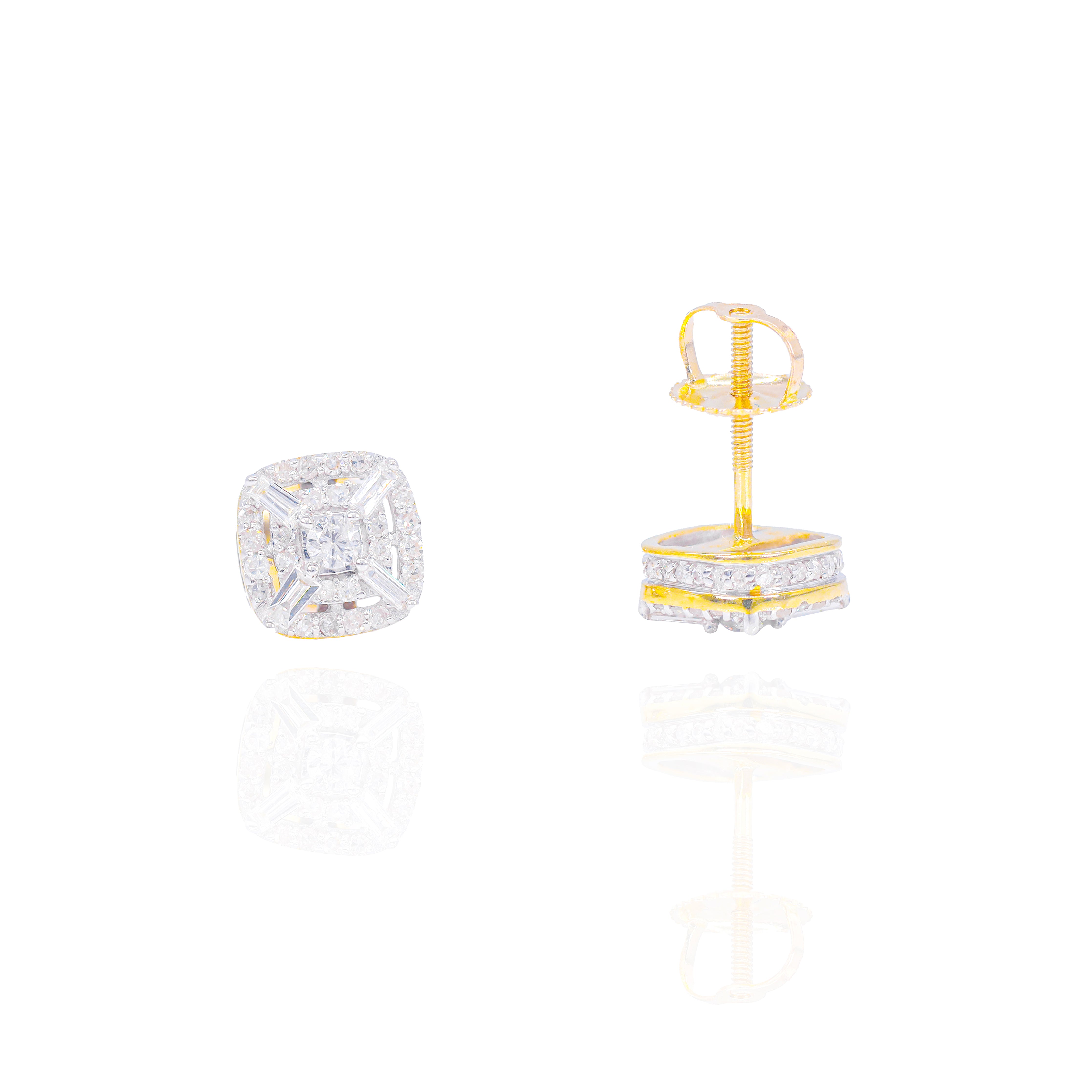 Square Diamond Earrings w/ Baguette Corners & Round Border