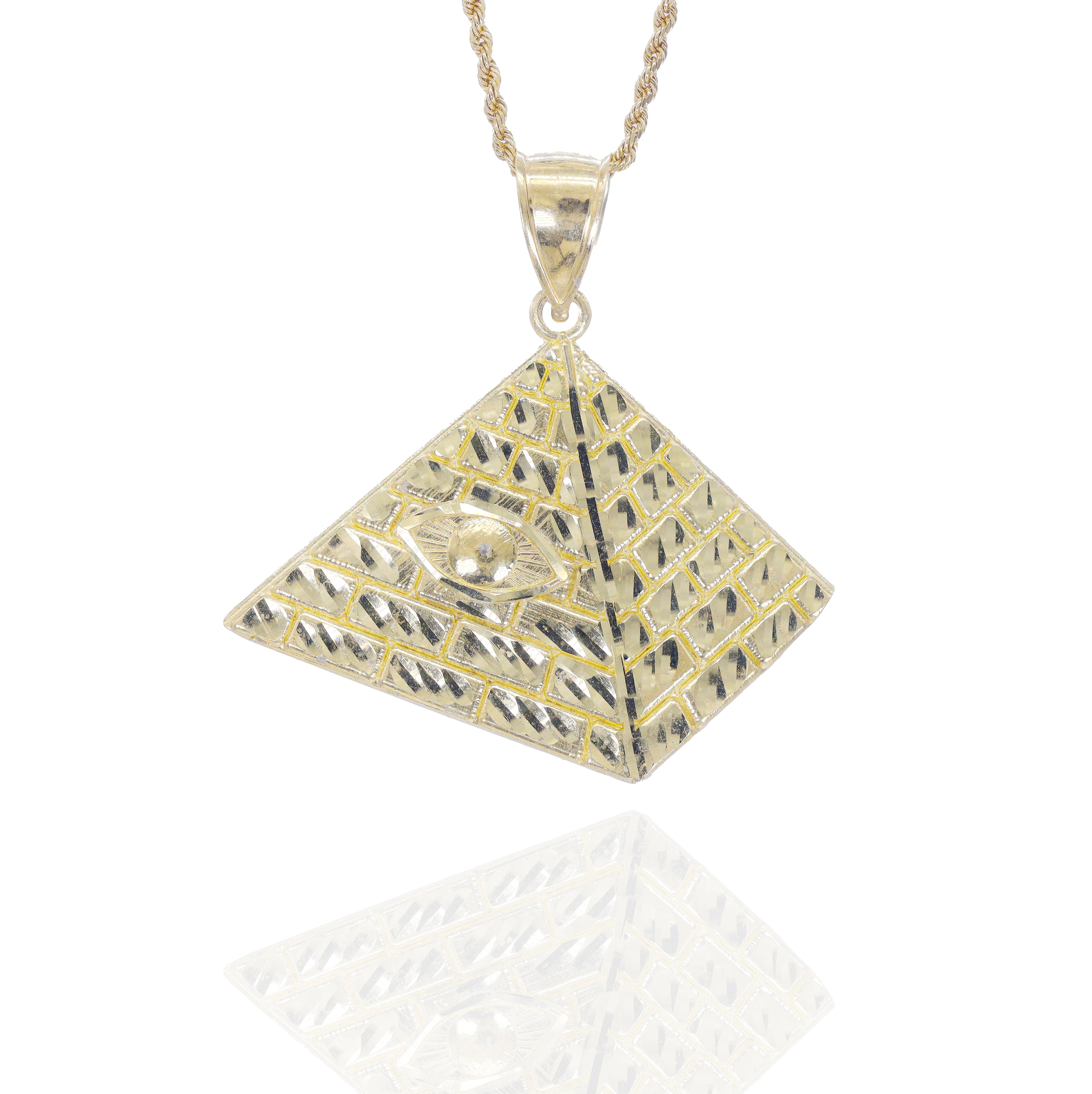 Gold pyramid-shaped pendant on a chain